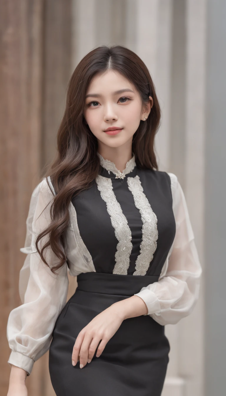 best qualtiy,tmasterpiece,超高分辨率,(photorealestic),(realisticlying:1.4),RAW photogr,1girll,(Full body photo,close-up all over the body,standing on your feet),good-looking face,Slim,Dignified,Small Fresh,(White color blouse,black short skirt, Professional Dress),ssmile,cabelos preto e longos,Beautiful hair accessories,Beautiful girl,Detailed scenes, Beautiful digital illustration, the detail,Hyper-detailed, Cinematic quality, correct hand,anatomy correct, ((From below))