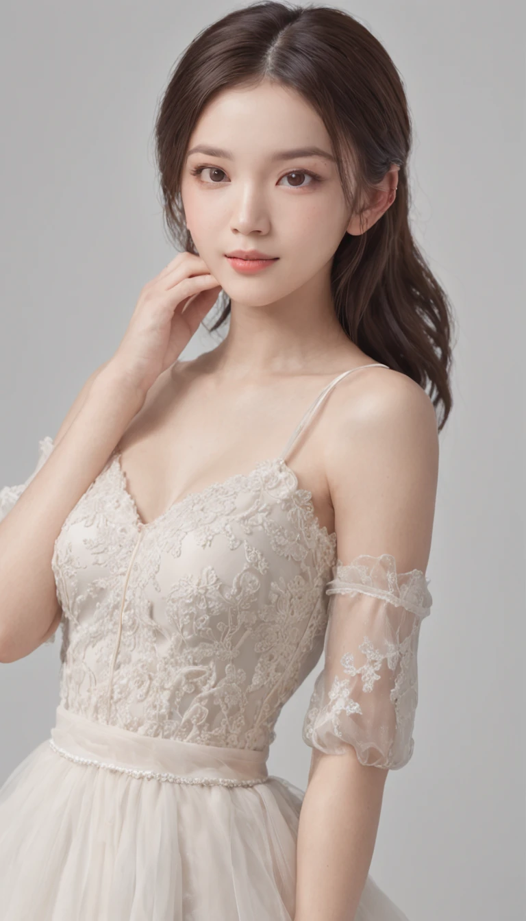 Long Shot, (Full body image:1.2), (bra:1.2),(Highly detailed CG 8k wallpaper, masterpiece, Highest quality, Super detailed), (Better lighting, Better Shadows, Very delicate and beautiful), floating, High saturation, Dynamic Angle, ((One girl)), nice, hair ornaments, bangs, (Skin wrinkles:1.2),(lacy slip dress:1.5)