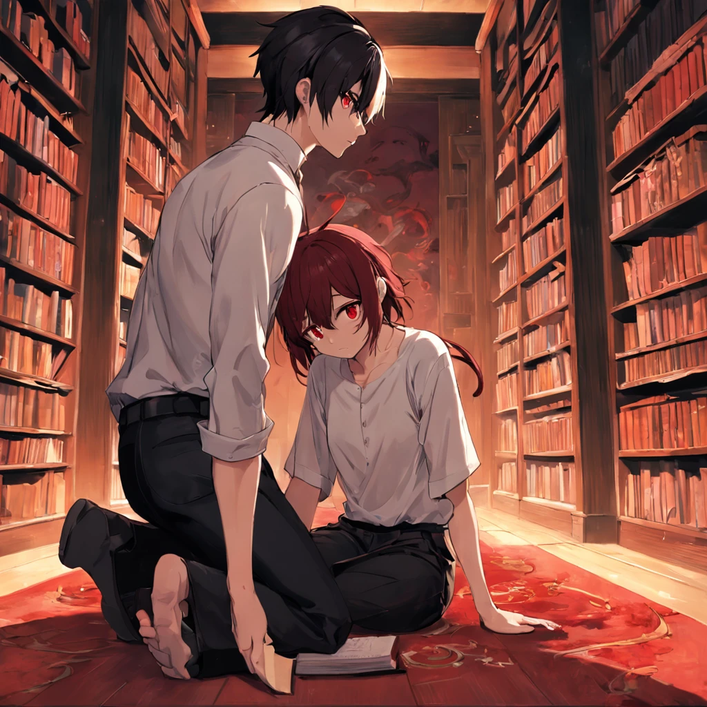 In the villa，big hall，21yo，brunette color hair, Handsome guy with red eyes，Plain white T-shirt，black long pants，bookshelves，Look at the book，Bookish temperament