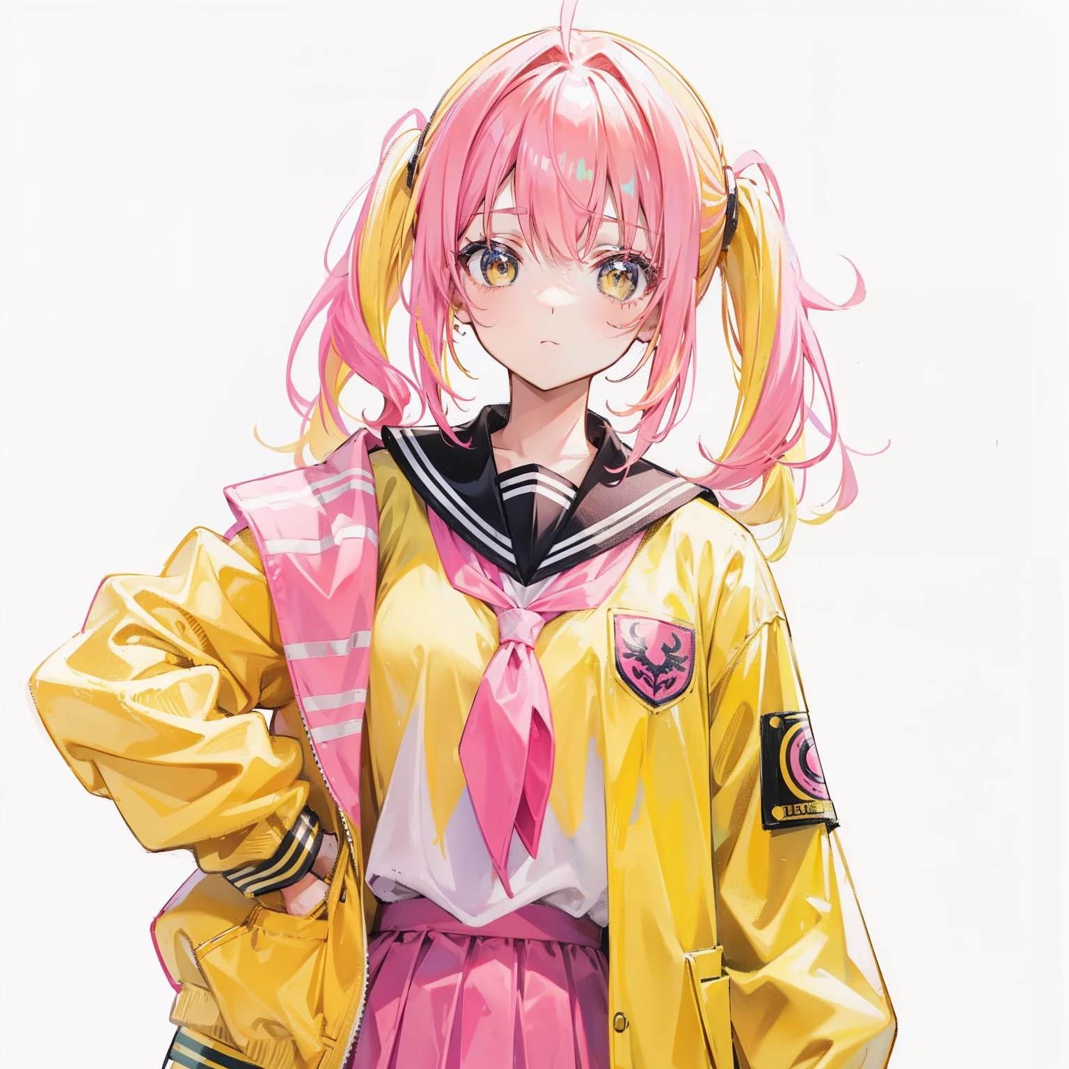 Pink yellow hair，high ponytails，Yellow pink jacket school uniform，Tall and sweet girl