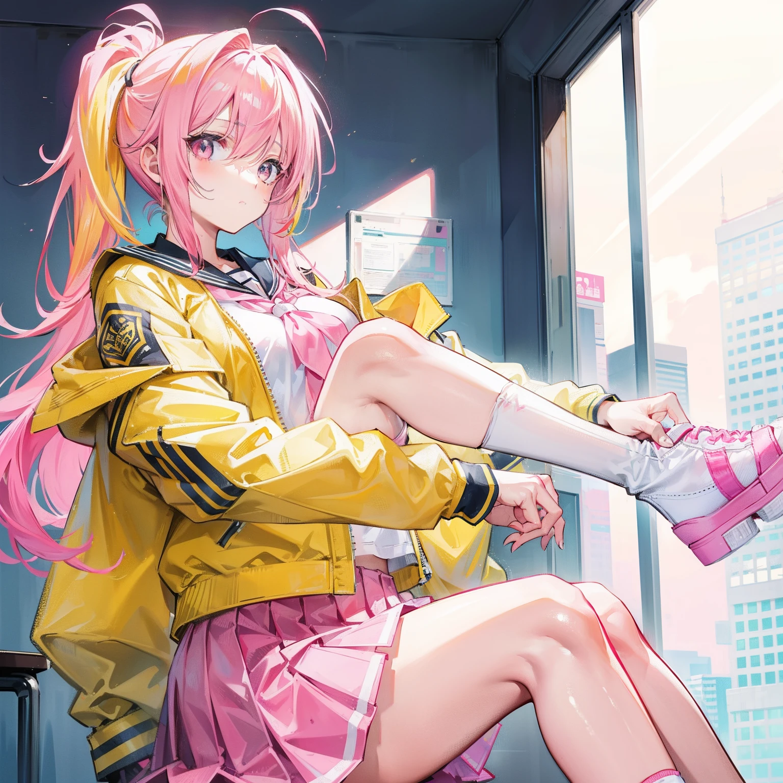 Pink yellow hair，high ponytails，Yellow pink jacket school uniform，Tall and sweet girl