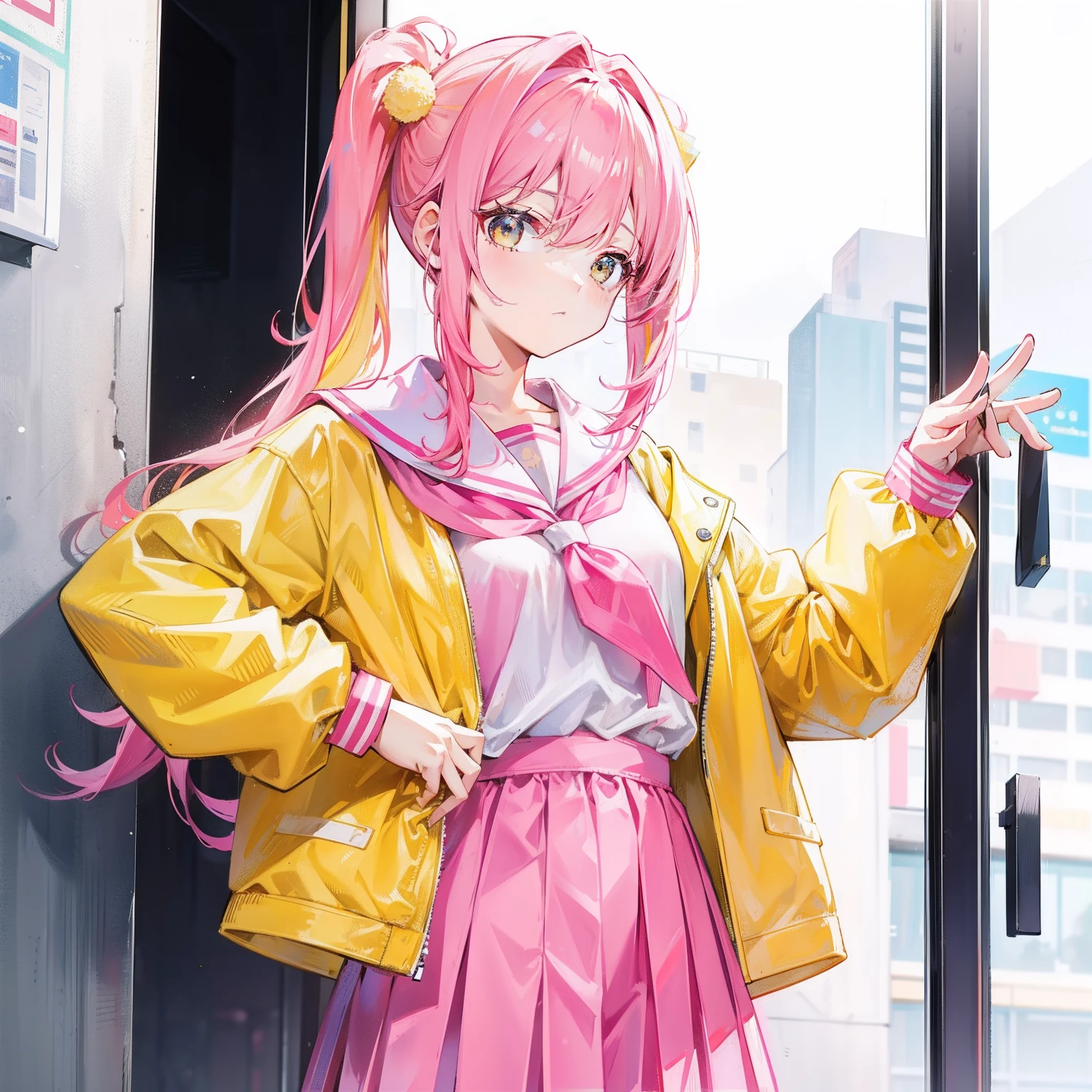 Pink yellow hair，high ponytails，Yellow pink jacket school uniform，Tall and sweet girl