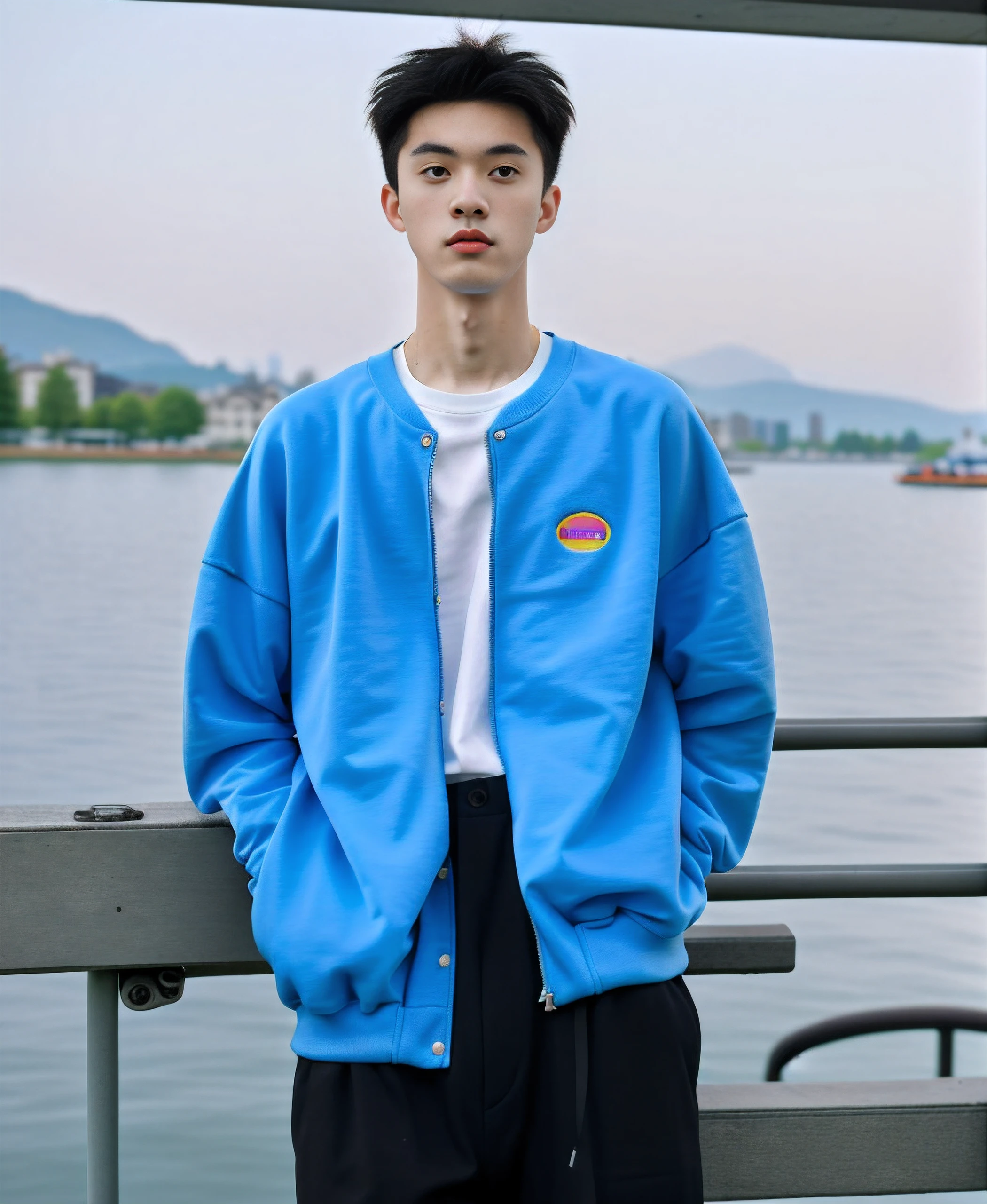 best qualtiy， 超高分辨率 ， tmasterpiece， Kodak Portra 400， blur backgroun ，Boy student， white skinned，Black hair ，Loose sweatshirt， lakeside，posing on a， looking at viewert ， sface focus