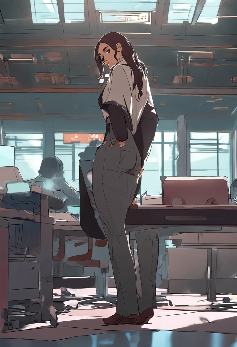 huge ohwx ass, 1girl, hyperass,,( butt crack:1.3), clothes pull, highres, looking back, original, pants pull, solo, mature female, classroom, teacher, (disgust:1.1), black hair, sitting on desk