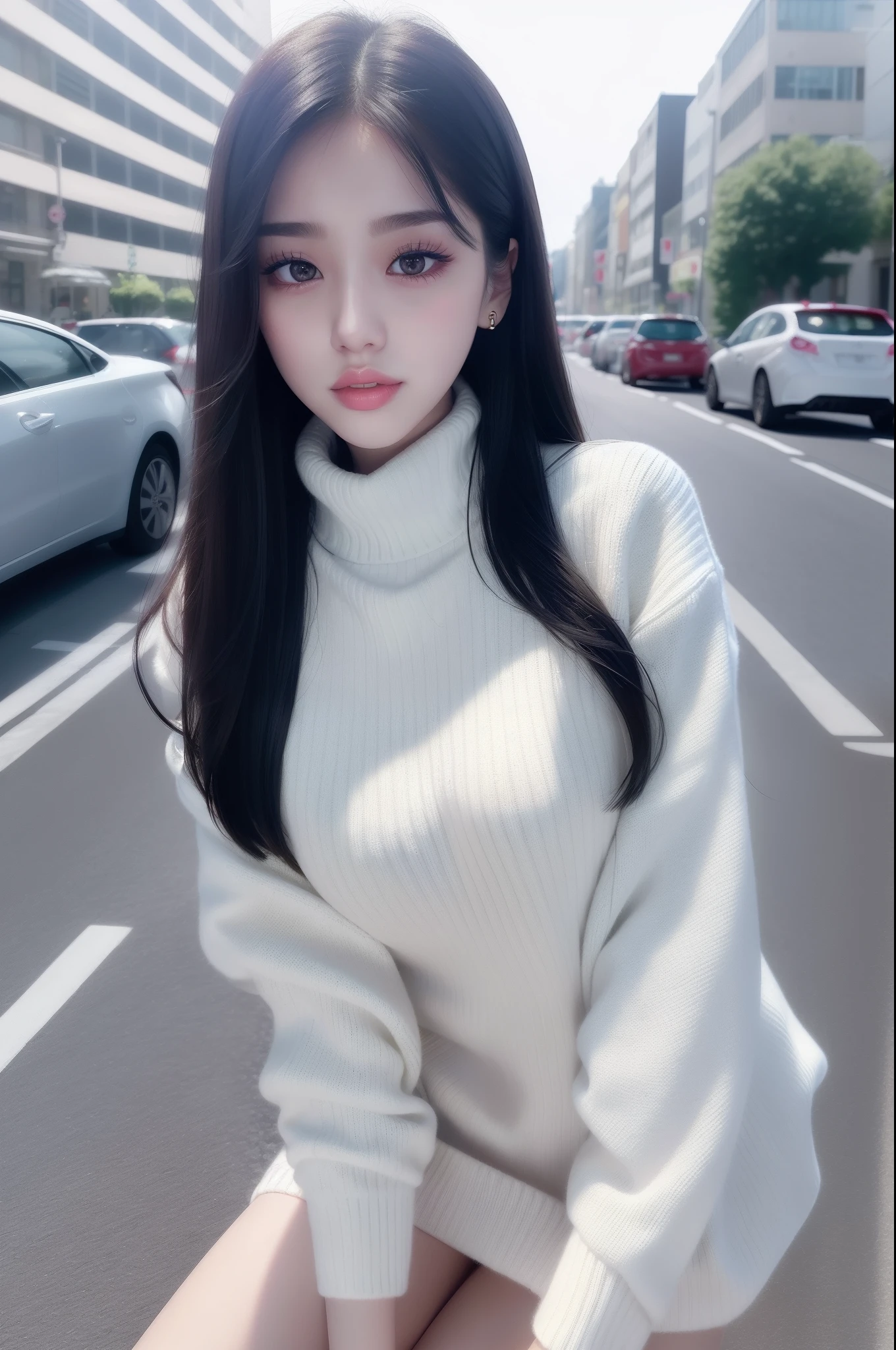 pureerosface_v1:0.24, best quality, photorealistic, 8k, high res, 1girl, woman, (skindentation), (portrait:0.6), ((cityscapebackground:1.62)), full color, ((smallsize round breast, highneck sweater:1.5)), straight-looking at viewer:1.8, (1girl eyes looking at viewer:1.55), (long hair, blackhair, partedbangs:1.45), (bokeh), (lips)