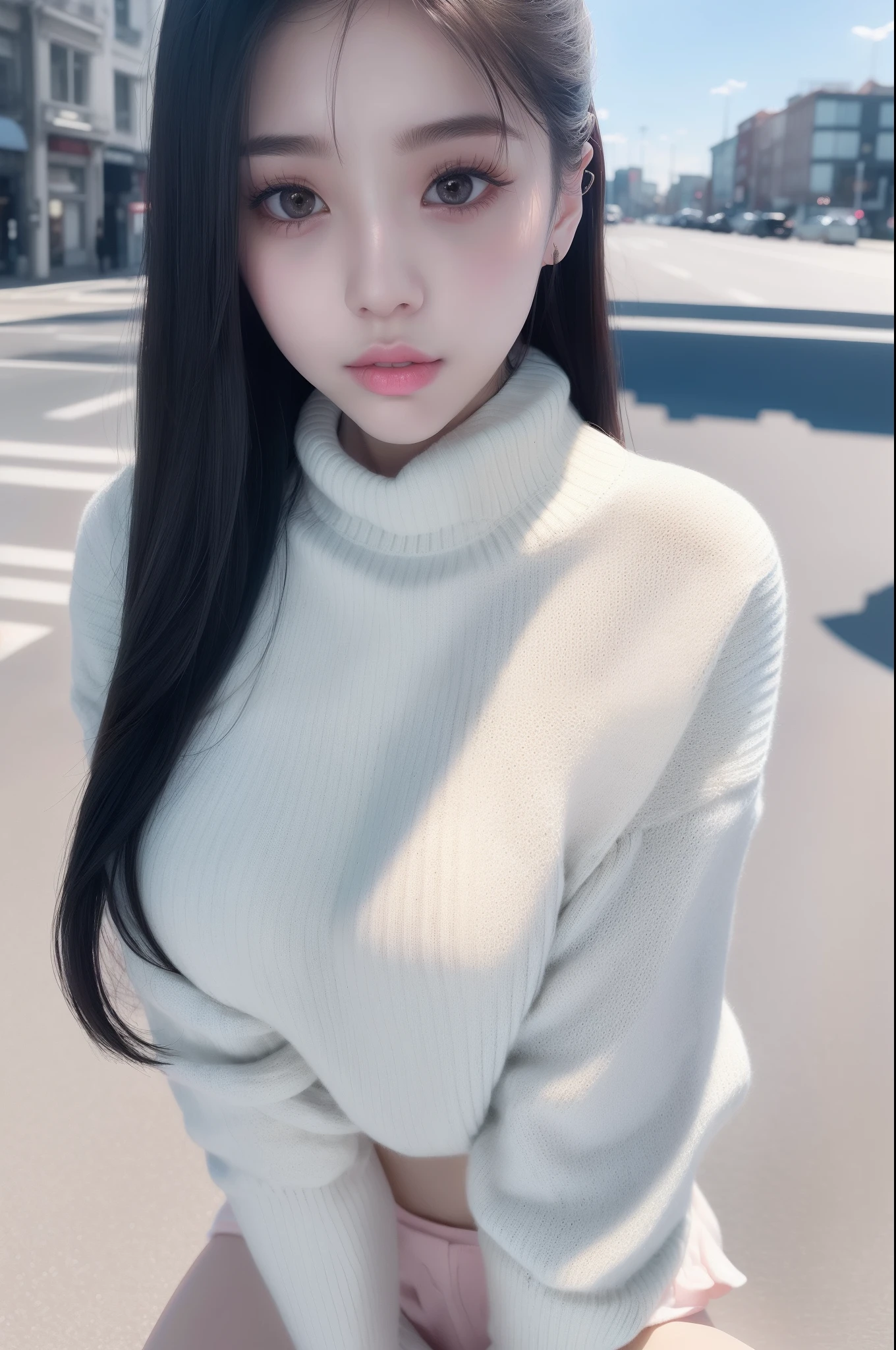 pureerosface_v1:0.24, best quality, photorealistic, 8k, high res, 1girl, woman, (skindentation), (portrait:0.6), ((cityscapebackground:1.62)), full color, ((smallsize round breast, highneck sweater:1.5)), straight-looking at viewer:1.8, (1girl eyes looking at viewer:1.55), (long hair, blackhair, partedbangs:1.45), (bokeh), (lips)