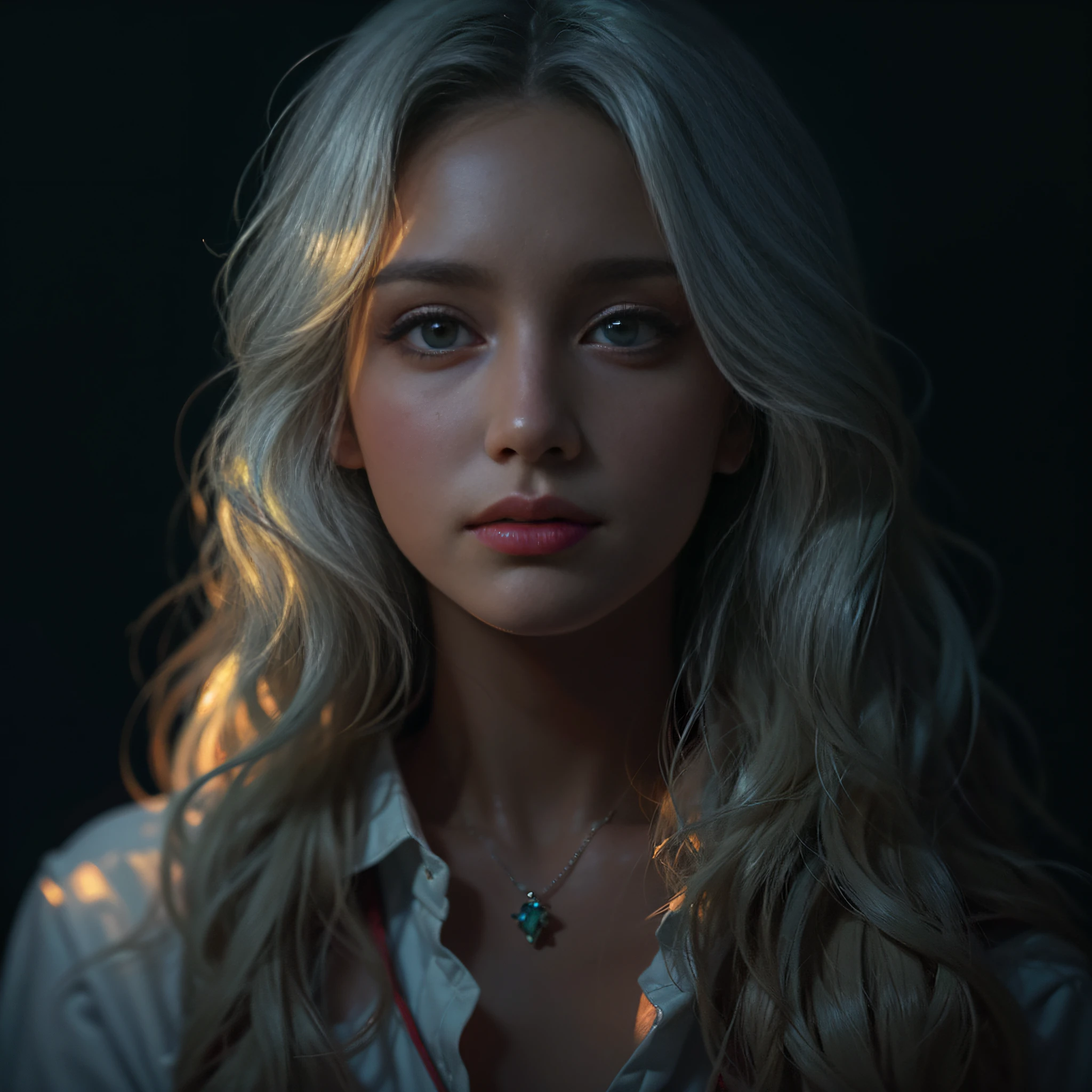 (front focus), (in the dark:1.6), Hyperrealist portrait of female by david hockney and alphonse mucha, fantasy art, photo realistic, dynamic lighting, artstation, poster, volumetric lighting, very detailed faces, 4 k, award winning, 1girl, in the dark, deep shadow, low key, cowboy shot, (official clothing:1.4), long hair, white hair