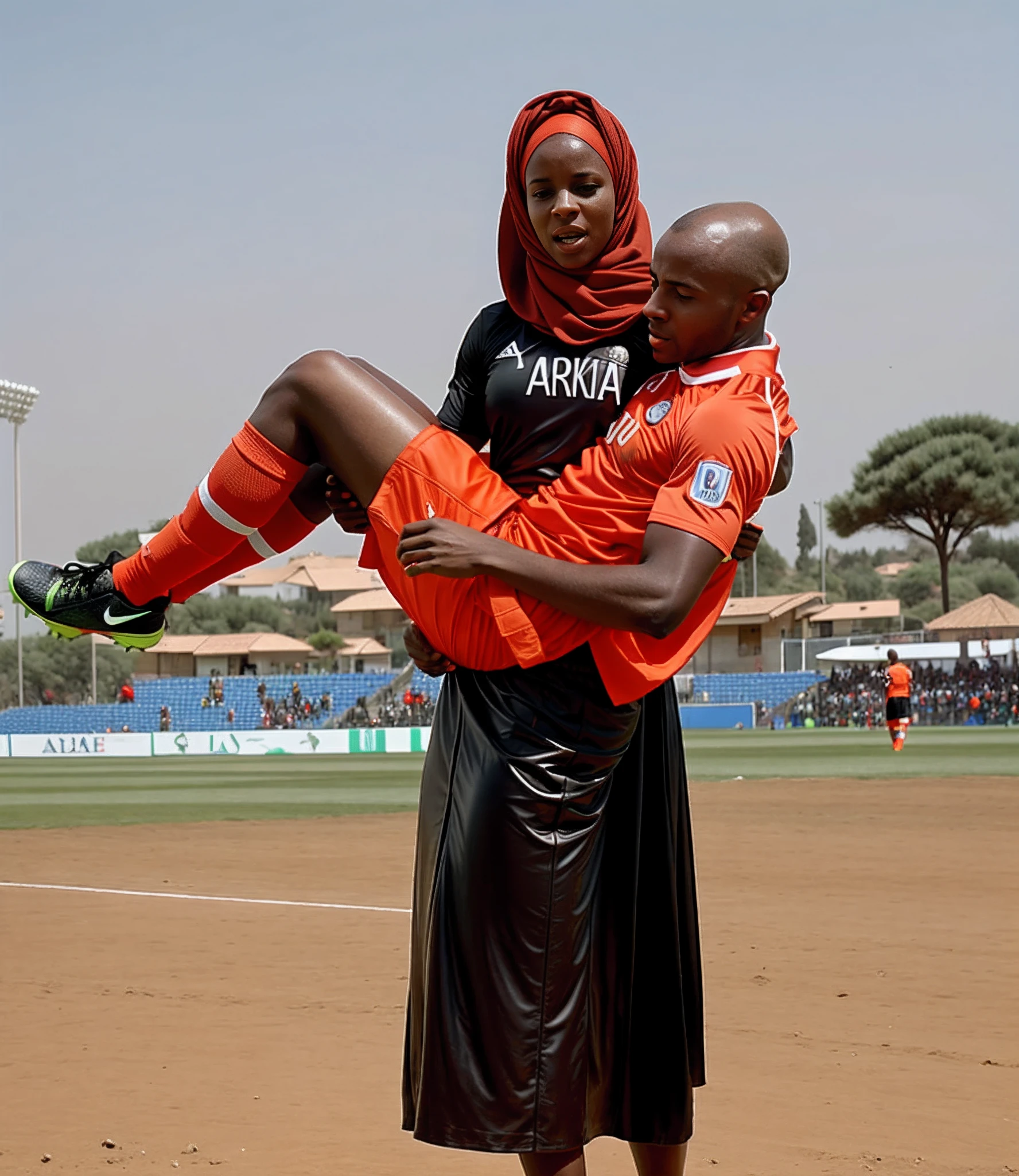 a fair-skinned and pale-faced turkish woman with a glossy and shiny plastic-headscarf and a high-shine long leather skirt with lots of light reflexes on it, a hurt and bald headed african soccer player has to be carried off, a fair-skinned and pale-faced turkish woman in a long leather-skirt has a horrofied facial expression when she carries a bald headed african soccer player in matte orange sportswear, an injured bald headed african soccer player in matte orange sportswear is carried with an extremely agonised facial expression, faces in pain and horror, screaming with pain, shocked facial expression, pityful facial expression, pity, pain, accident, help, soccer, soccer in a turkish stadium, woman carrying man, woman carries wounded man