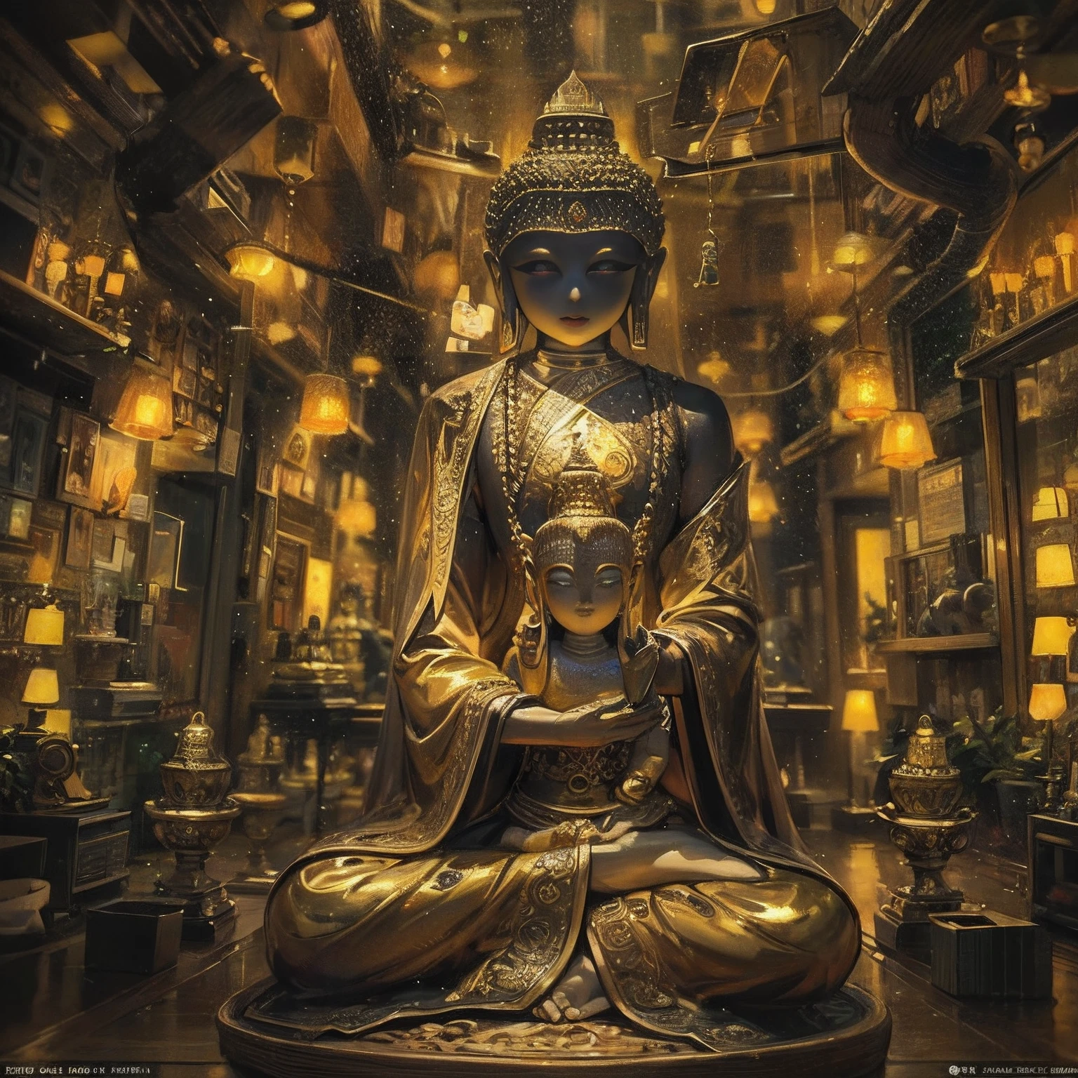 Golden Maitreya Buddha statue, Frontal portrait, There are countless incense burners in front, Against the backdrop of the galactic universe, Photo taken with Sony a7R camera, Shot with a Sigma 20mm F1.4, Beautiful image, surrealism, Cinematic lighting, god light, back lit lighting,, Super detail,