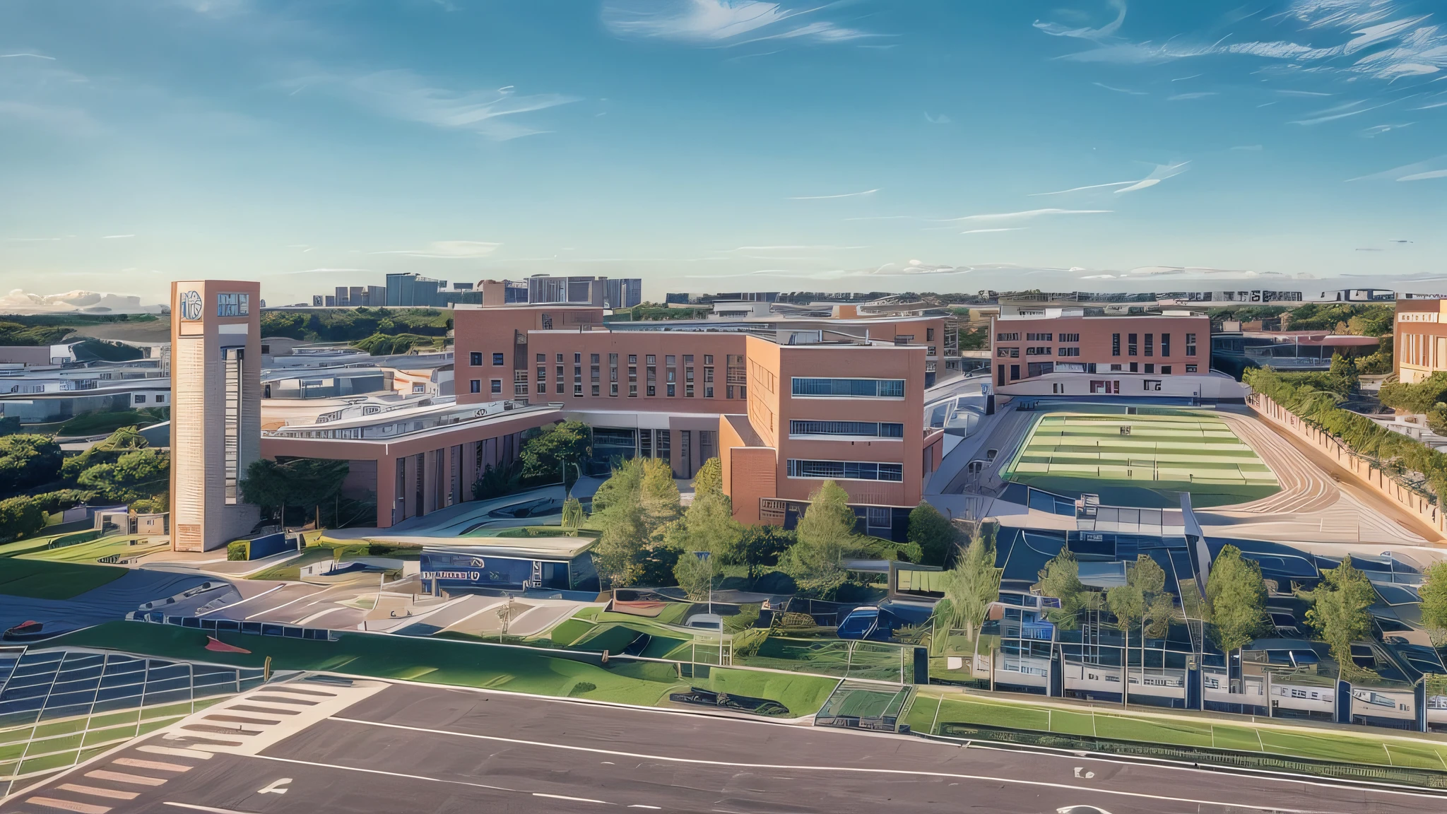 Aerial view of the football field and the school with the clock tower, wide angle shot from above, High school, wide aerial shot, school, shot from 5 0 feet distance, wide long shot, wide overhead shot, Wide view, school courtyard, no watermark, shot from drone, high detail photo, wide long view, composite, wide wide shot, wide - angle shot
