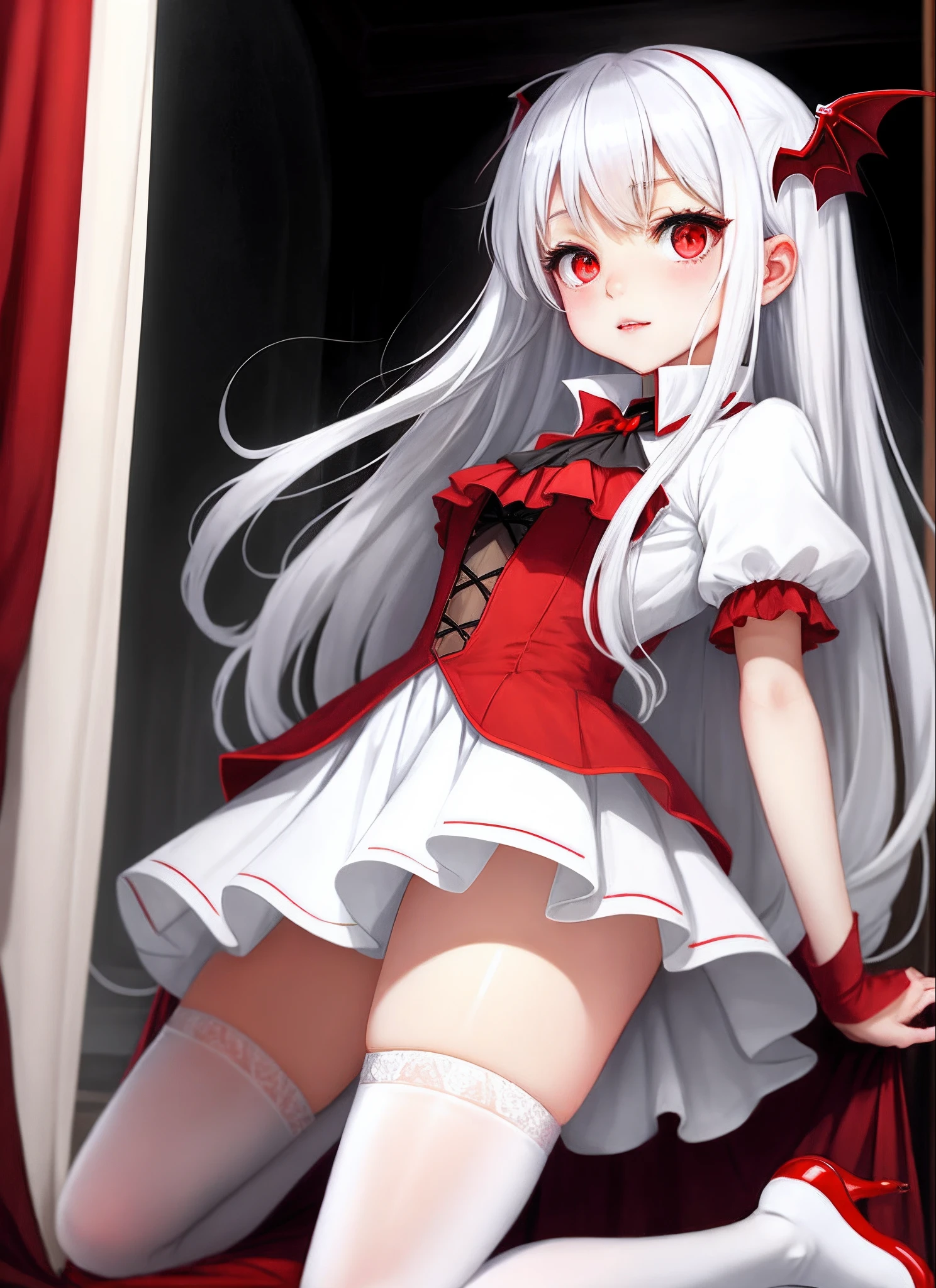 Two-dimensional white hair, red eyes, white stockings, , vampire