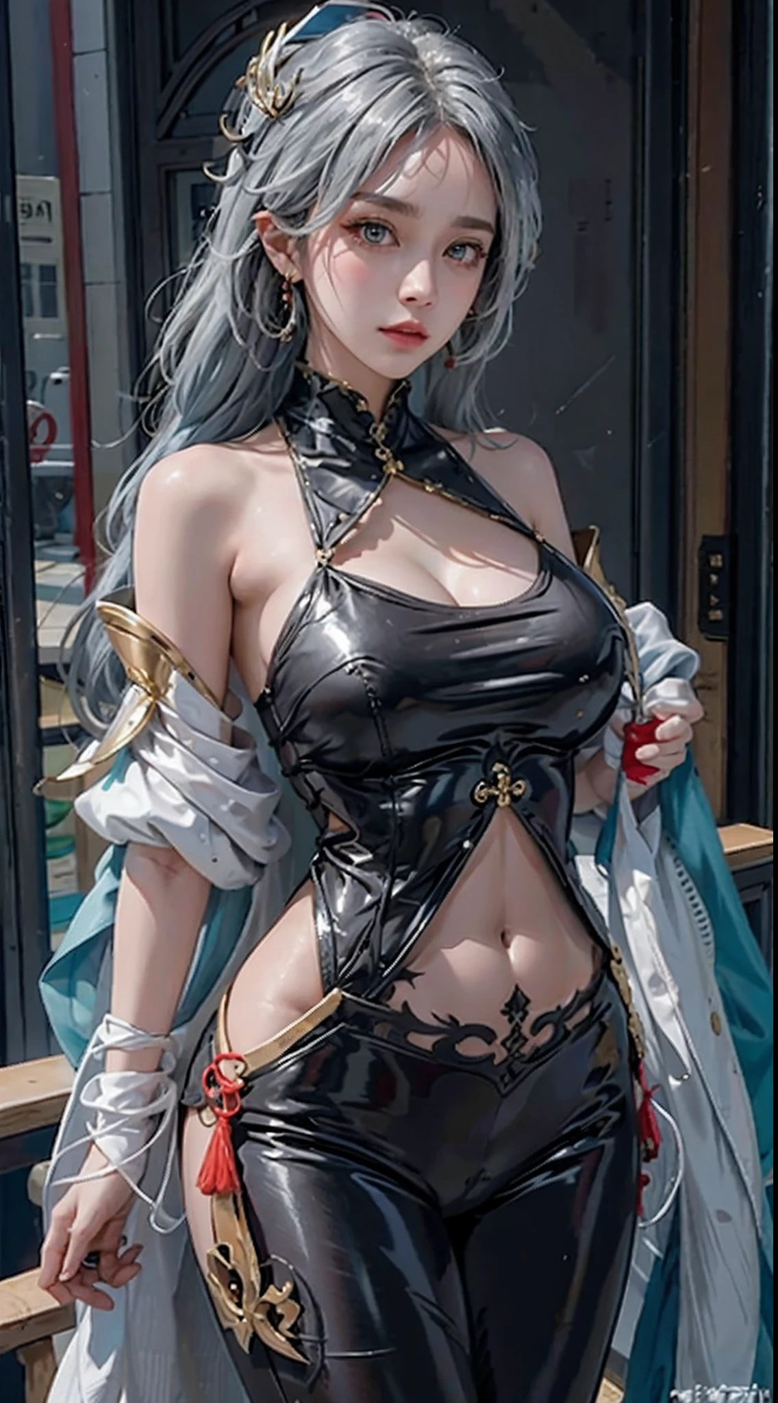 photorealistic, high resolution, soft light,1women, solo, hips up, (detailed face),tattoo, jewelry, shiny hair, long hair,hair_ornament,hair_between_eyes, long_hair, (silver_hair:1.2),bangs, genshin impact, shenhe \(genshin impact\), Shenhe \(genshin impact\), grass field, mountains background, Shenhe