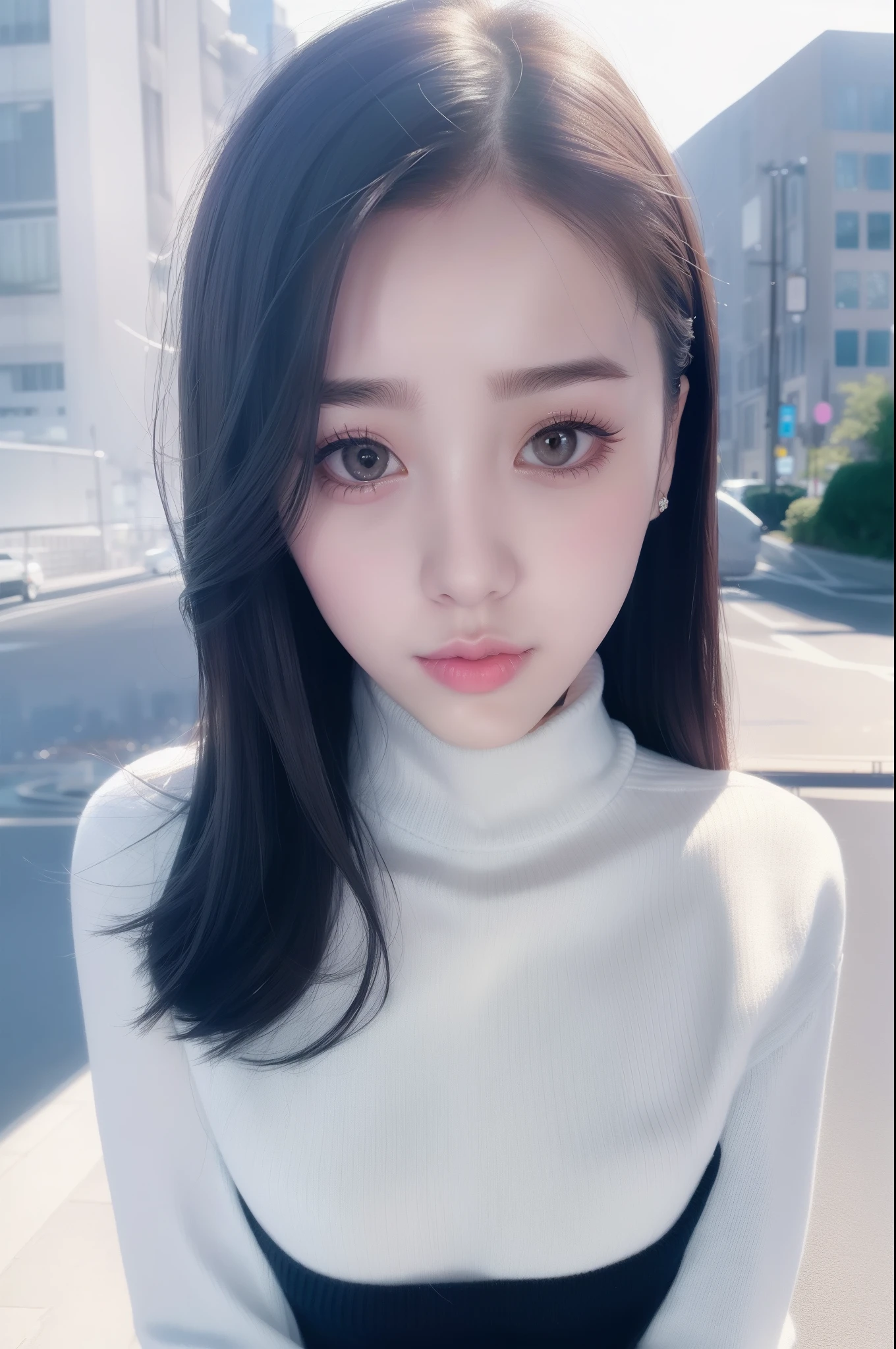 pureerosface_v1:0.24, best quality, photorealistic, 8k, high res, 1girl, woman, (skindentation), (portrait:0.6), ((cityscapebackground:1.62)), full color, ((smallsize round breast, highneck sweater:1.5)), straight-looking at viewer:1.8, (1girl eyes looking at viewer:1.55), (long hair, blackhair, partedbangs:1.45), (bokeh), (lips)