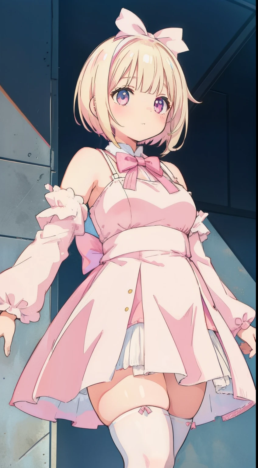 Chubby Girl, Pink Dress, White Fringe, Thin Straps, White Thigh High Socks, Short Blonde Neck length hair, thicc thighs, wide hips, thick arms, bow at top of dress