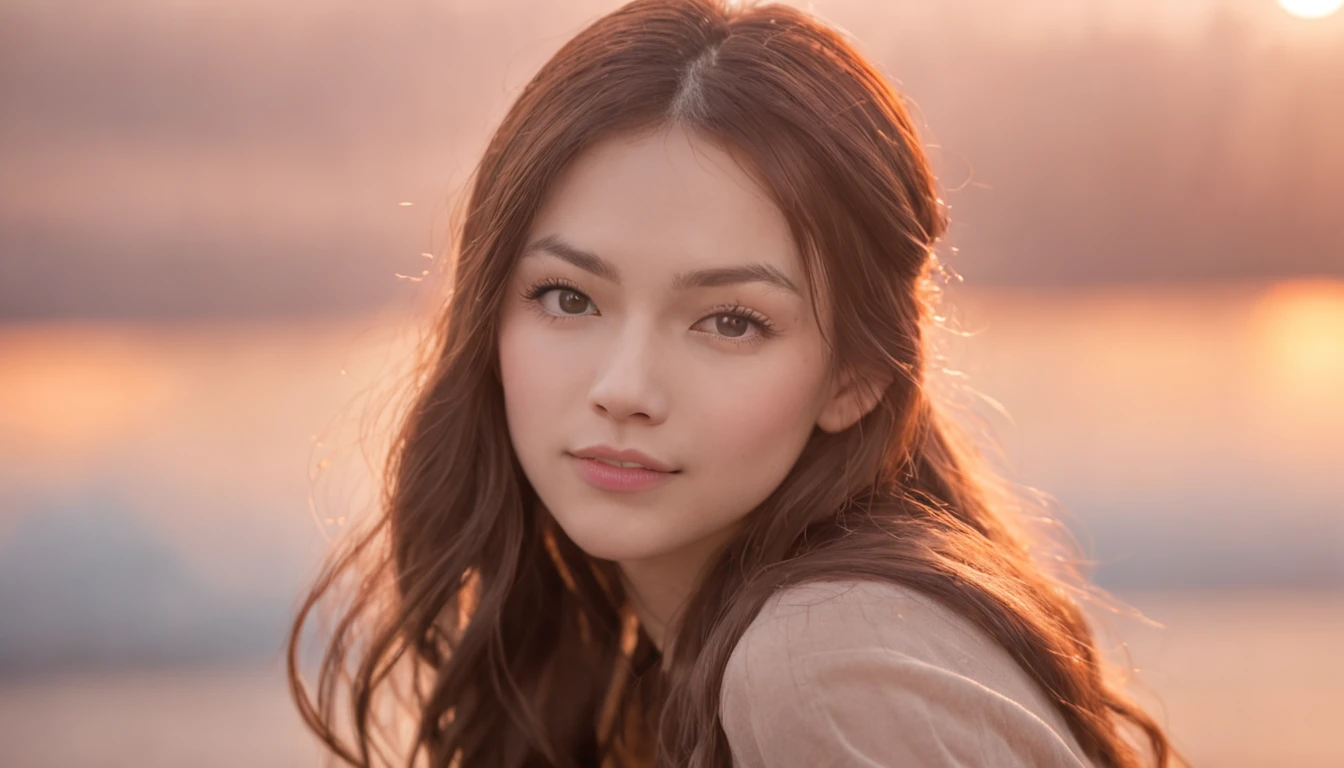 masterpiece, best quality, movie still, 1girl, cloud girl, floating in the sky, close-up, bright, happy, warm soft lighting, sunset, (sparks:0.7)