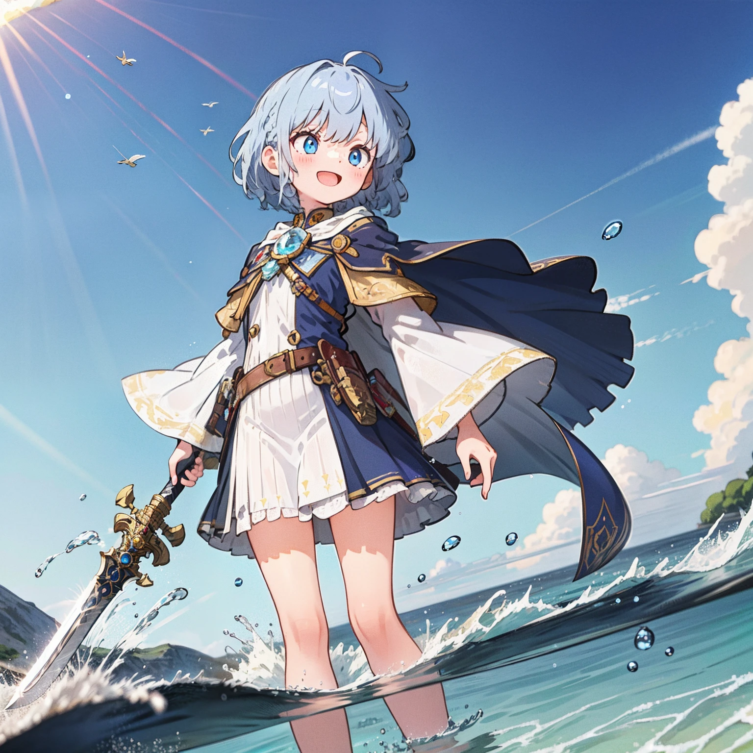 Short sky blue hair，blue color eyes，magical little girl，Yellow crosshair clip，White cape，The West Sword in hand，In the water，laughingly，Asymmetrical sideburns，rays of sunshine，High saturation，（solo person），Water magic，Flying water particles，blurryforeground