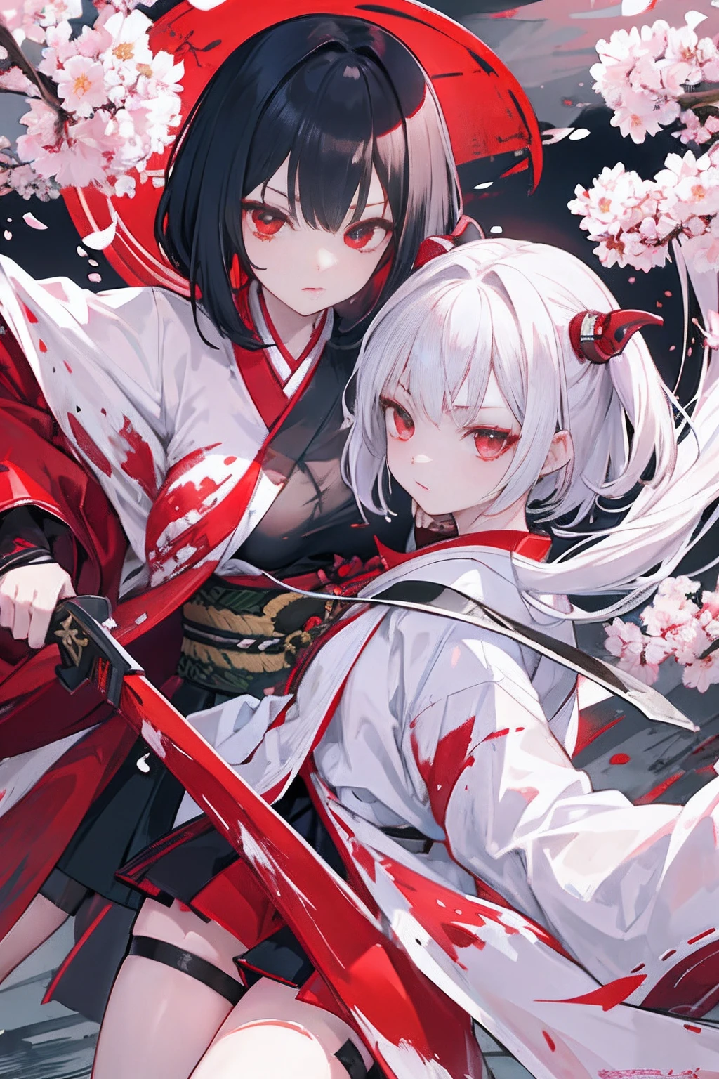 2girls、Weapons with blood on them、Dark Renditions、shrines、Great body、Great legs、White kimono black hair with blood on it、Sword、Holding a weapon with blood on it、Cherry blossoms are dancing、poneyTail、Ordinary girl、The actions of two people who fight、Bleeding in the face、anime style 4 k