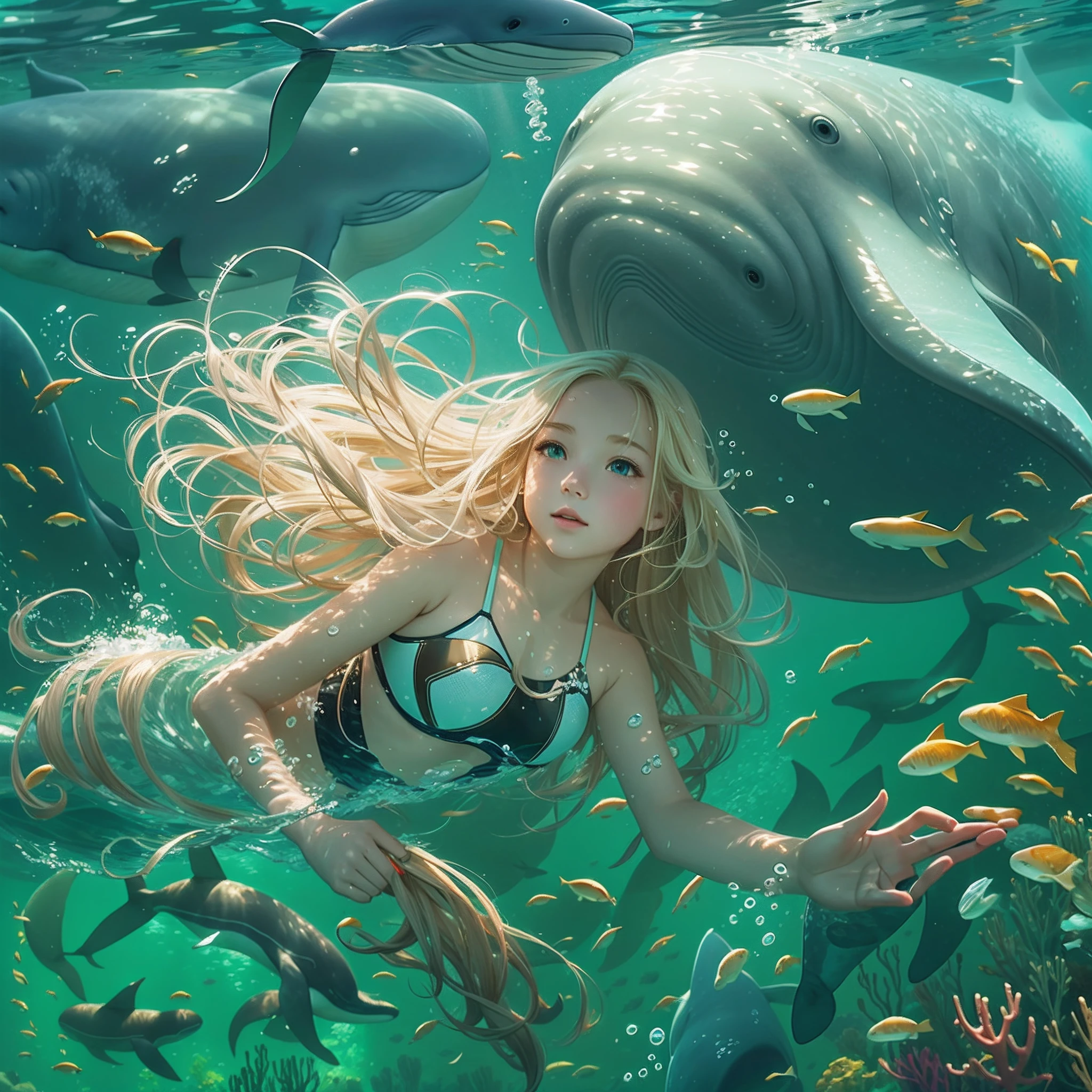 A girl swims underwater. Digital illustration, Beautiful long blonde hair and angelic face, dream magical，Giant whales