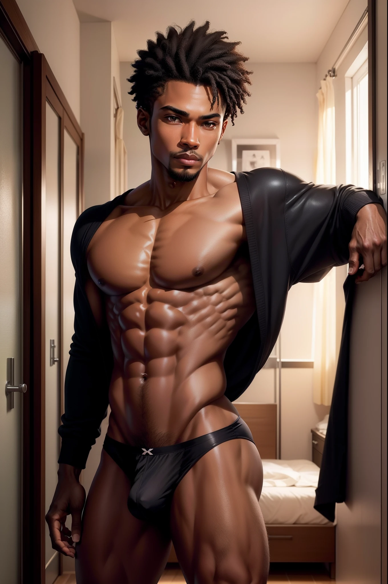 don't have clothes，male people，Black skin，Sexual ，solo person，Bedrooms，musculature