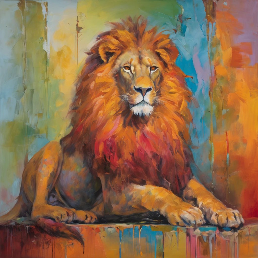 A lion-headed king sits majestically on a throne with a scepter. A little boy rests peacefully next to it