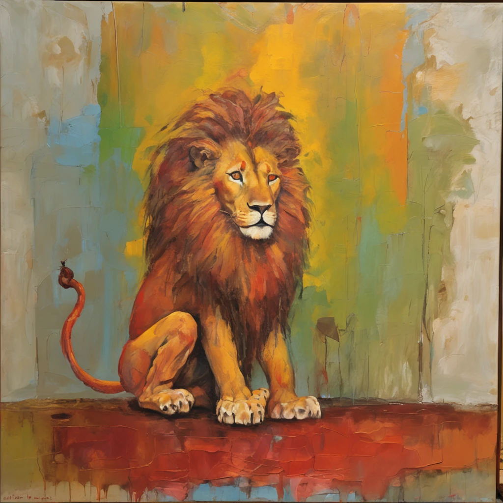 A lion-headed king sits majestically on a throne with a scepter. A little boy rests peacefully next to it