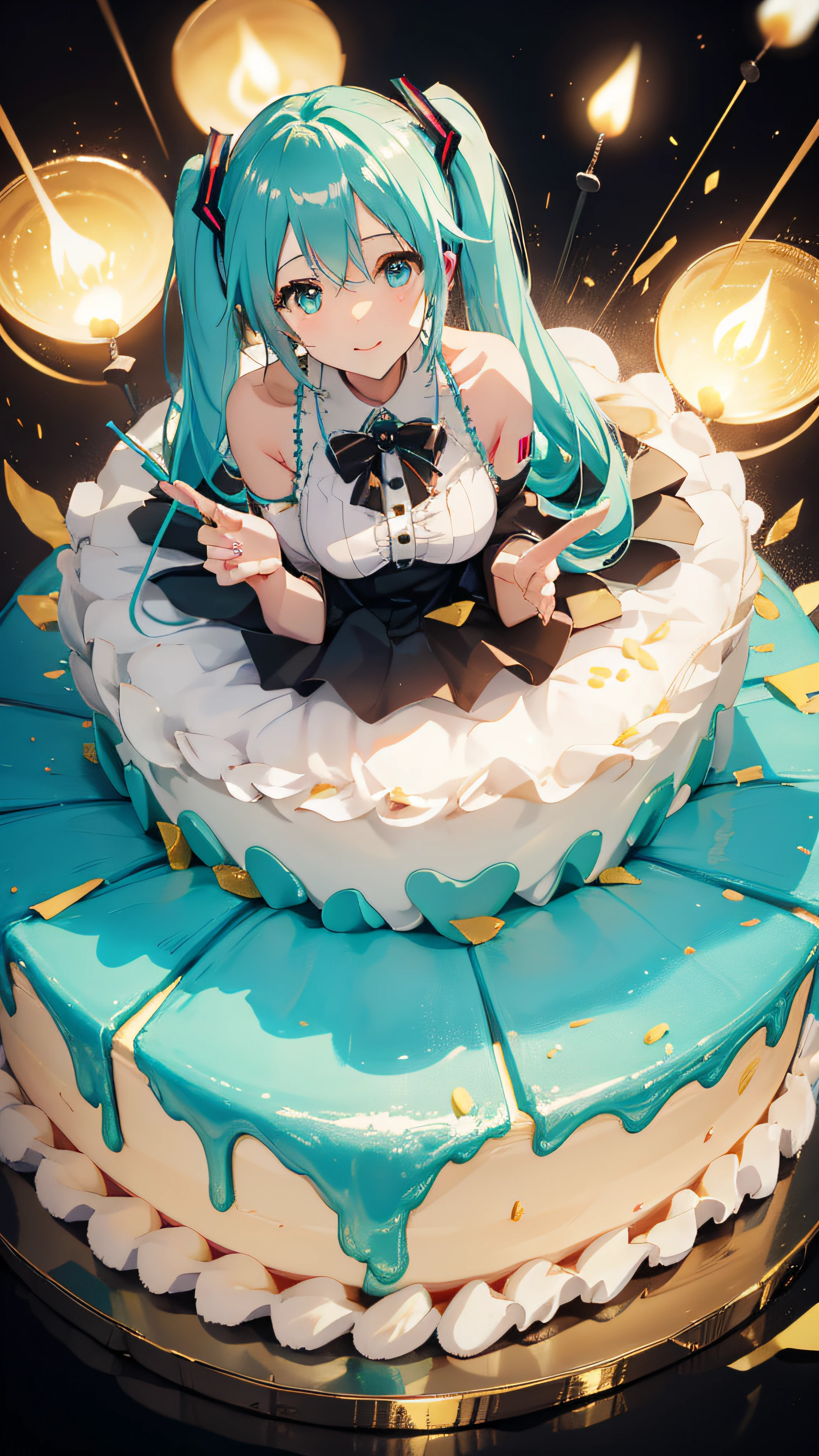 Hatsune Miku sits on a huge creamy birthday cake,The birthday cake is lit with colorful birthday candles,happy birthay,ssmile,exquisite facial features,Elaborate Eyes,Gentle and shy face,Peerless beautiful girl,Advancedsense,Hold the strawberry between the buttocks