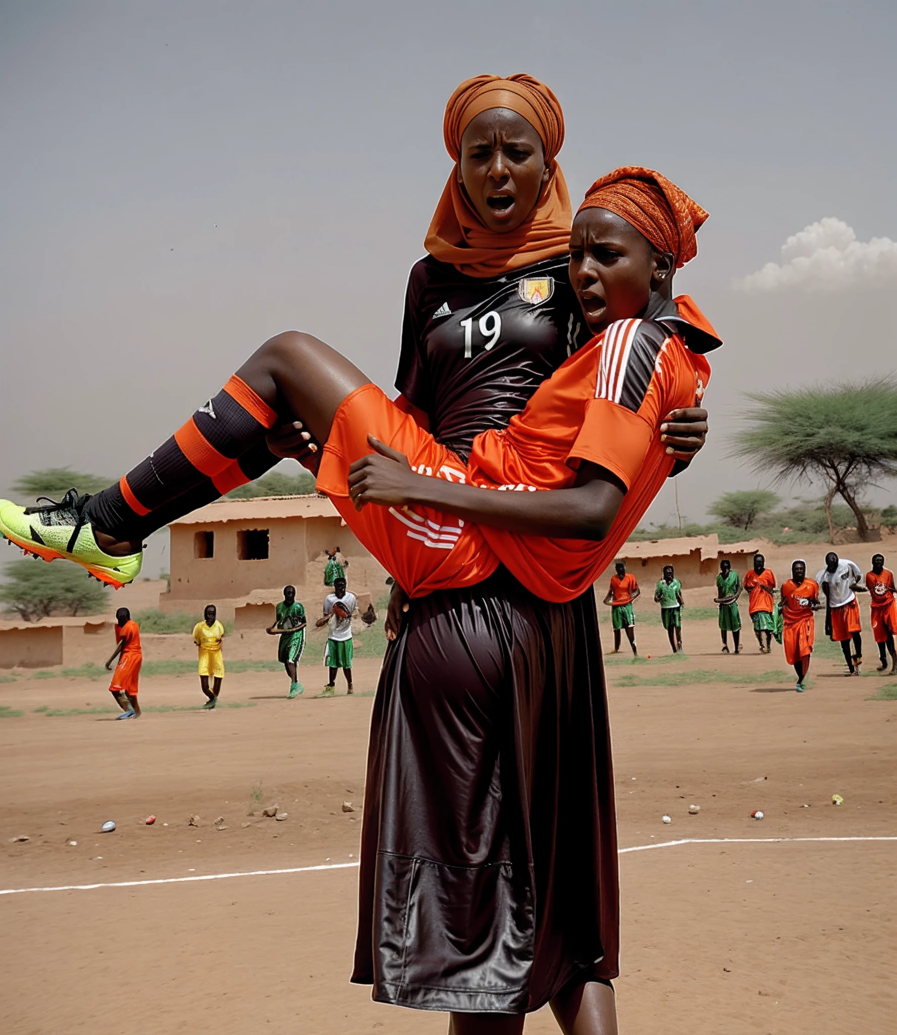 ugandan woman wearing very shiny plastic dress, Long shiny plastic skirt, Despair, unconscious, exhausted, powerlessness, man hangs limp and powerless with his head in the arms of the woman, screams of pain, shouting out in pain, shouting for aid, Dramatic rescue pose, pity, a hurt and male african football player hangs limp and powerless with his head hanging down in the arms of thewoman, a woman in a long leather-skirt has a horrofied facial expression when she carries a male african football player who is hanging limp and powerless with his head hanging down in her arms, an injured male african football player in matte cotton sportswear is carried with an extremely agonised facial expression, faces in pain and horror, screaming with pain, Frightened facial expression, pityful facial expression, pity, pain, accident, aid, football