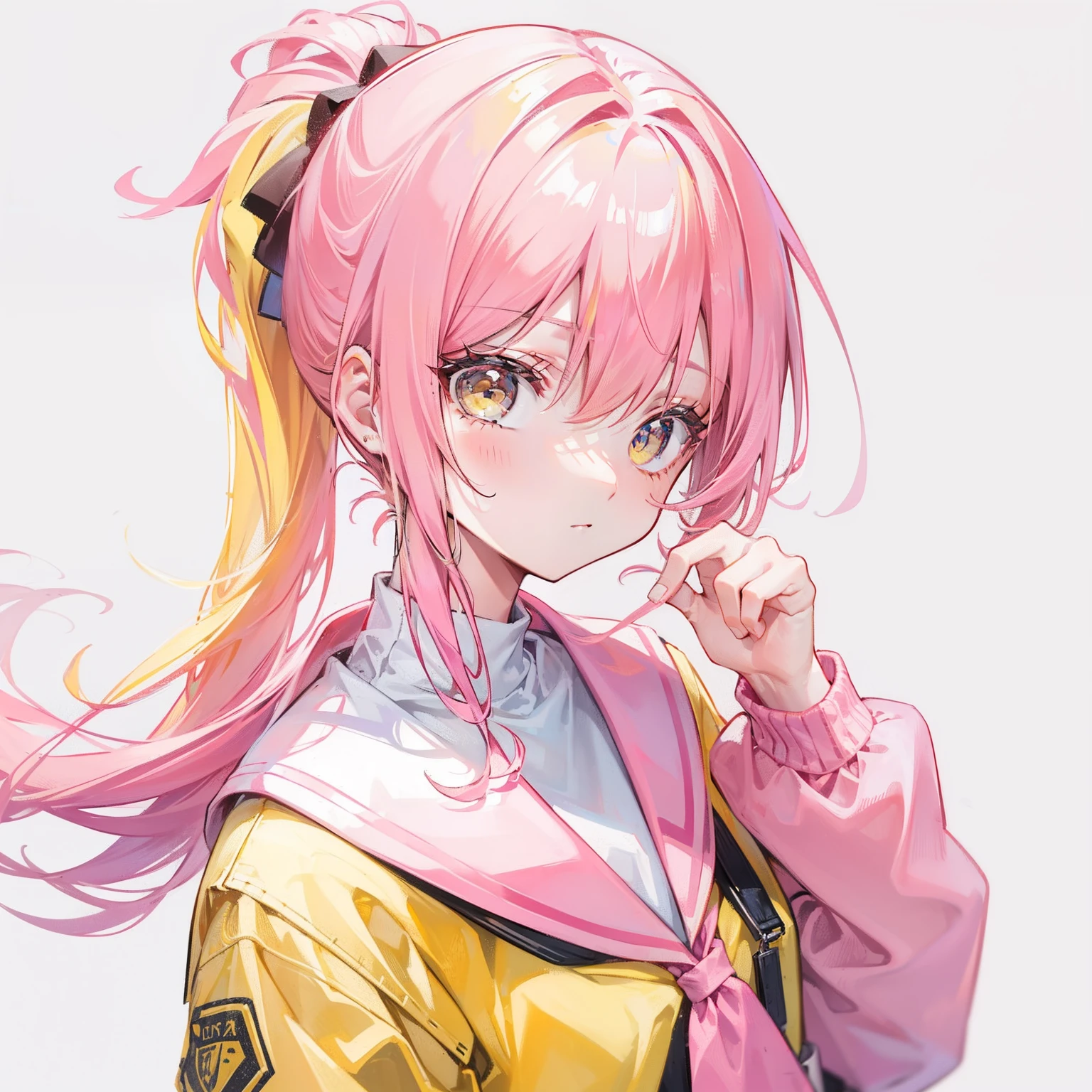 Pink yellow hair,high ponytails,Yellow pink jacket school uniform,Tall and sweet girl