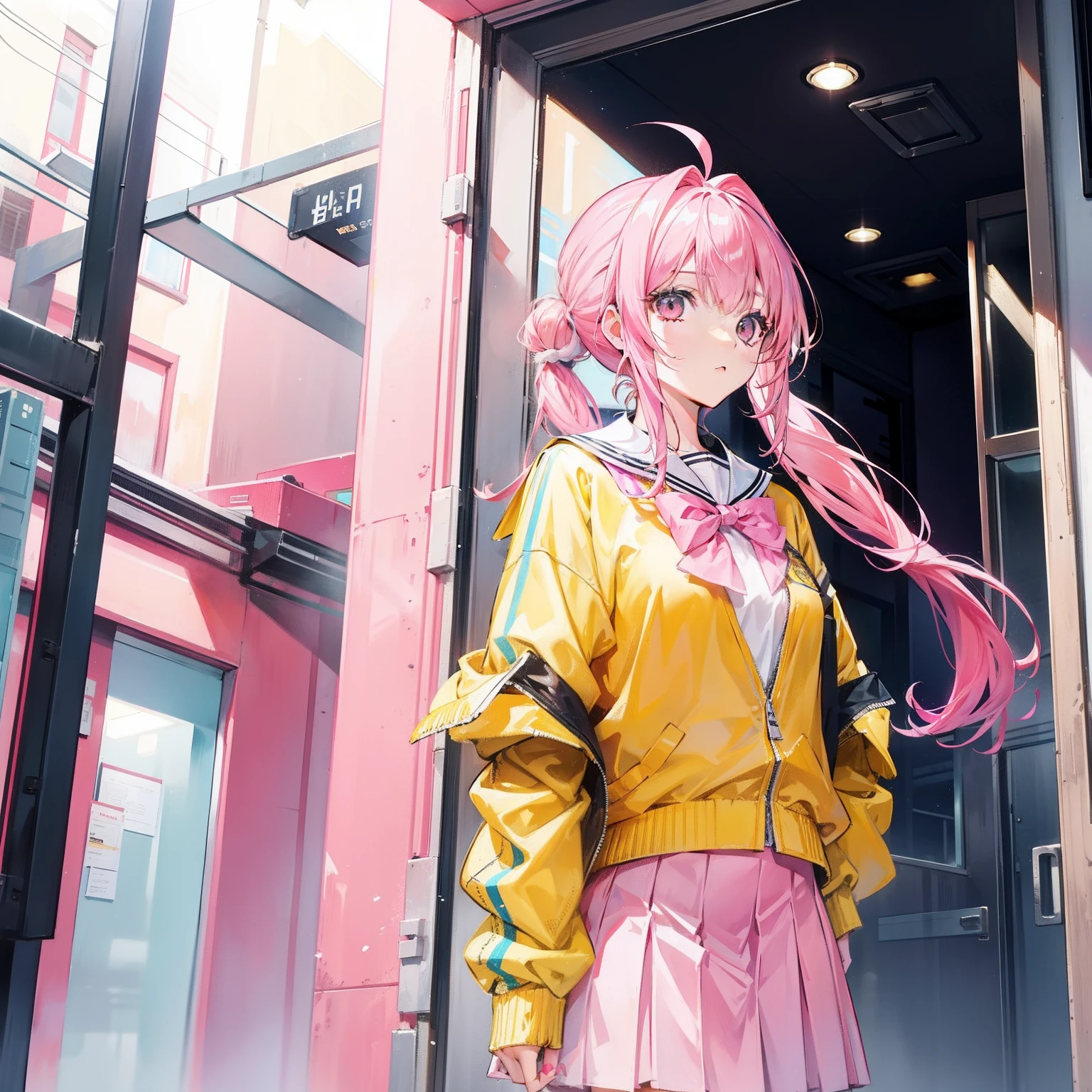 Pink yellow hair，high ponytails，Yellow pink jacket school uniform，Tall and sweet girl