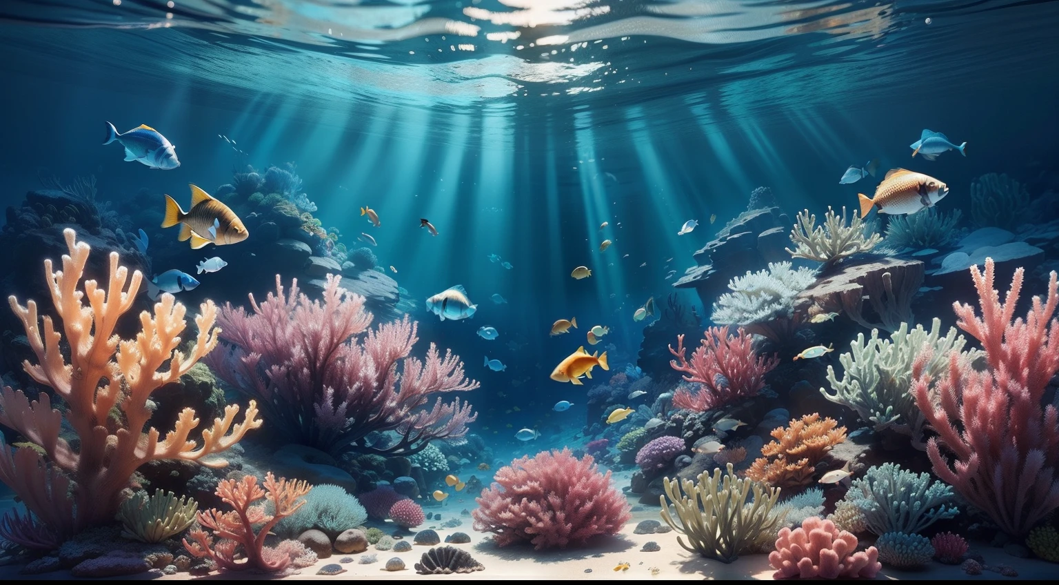 high qulity，tmasterpiece，under the water，ocean floor，the reef，The fish。