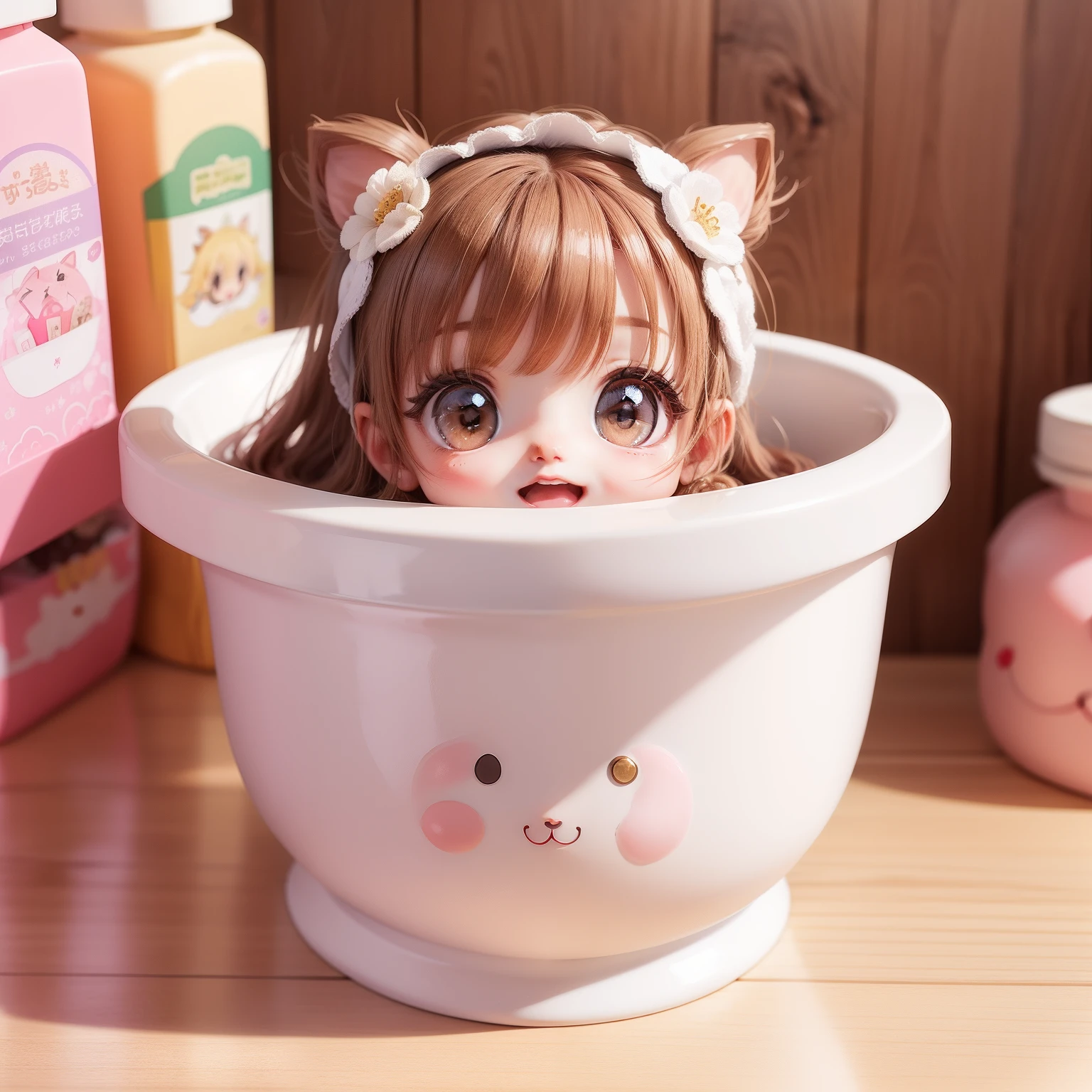 Cute Baby Chibi Anime,(((Super masterpiece、top-quality、ultra-detailliert、女の子1人、Chibi:1.5))、Chibi bathroom、shampoo、rinse、Body soap、These come in cute containers、A detailed face、Smile with open mouth、fullllbody(Chibi:1.4)、8k