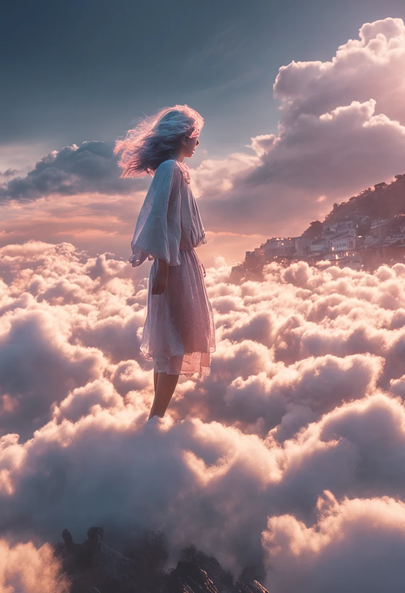 ​masterpiece、top-quality、Movie stills、1girl in、Cloud Girl、floating in sky、a closeup、发光、Happiness、Warm and soft lighting、the setting sun、(Spark:0.7)、No clothes、clear