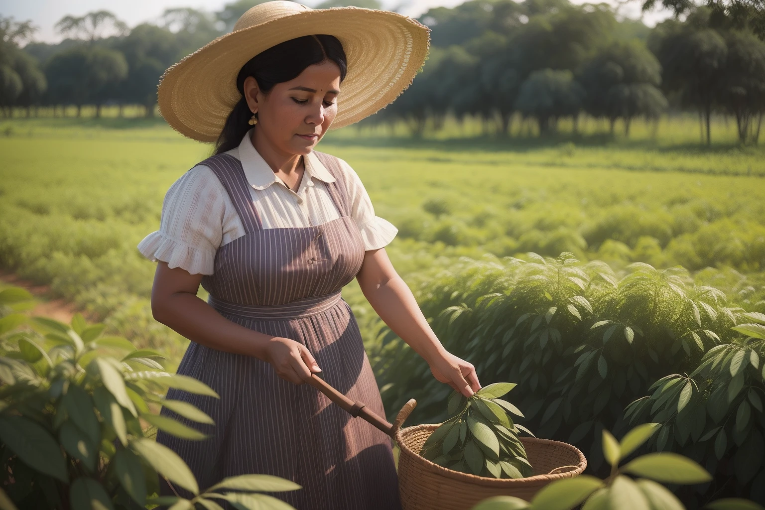Year: 2015
Country: Paraguay
Description: At a family-owned yerba mate plantation, an adult woman carefully selects the best leaves for processing. She wears a vintage-inspired dress and a wide-brimmed hat as she tends to the traditional process, capturing the essence of Paraguay's rural heritage.