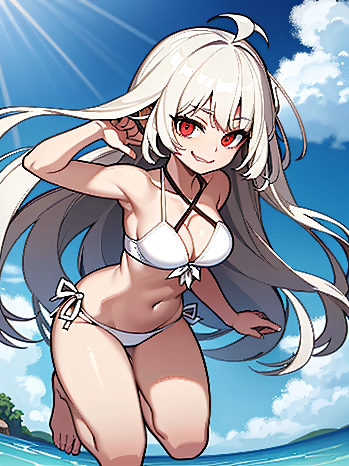 ((Masterpiece, Best quality)), (1girll), (Solo), (female focus), (ahoge, White hair, Short hair), Black eyes, Light smile, Open mouth, ((White shirt), (Buttoned shirt ), (Button gaps)), ((white under lingerie,pantiess), standing on your feet, White background, Behind the left arm,Right arm bandeau, dynamic angle,white panties, Long hair, Bikini, swim wears, front-tie top, halter neck, swim wears, standing on your feet, Bikini panties, Breasts, navel, Smile, view the viewer, Showing bikini top, beach, criss-cross halter, pantiess, Brown hair, White bikini, cleavage, Medium breasts, water, Outdoors, kneesup, 鎖骨, stomach, Very long hair, cutoffs, Ocean, day, open fly, Bare shoulders, midriff, Red eyes, arm belt, Thighs, (:3:1.1)