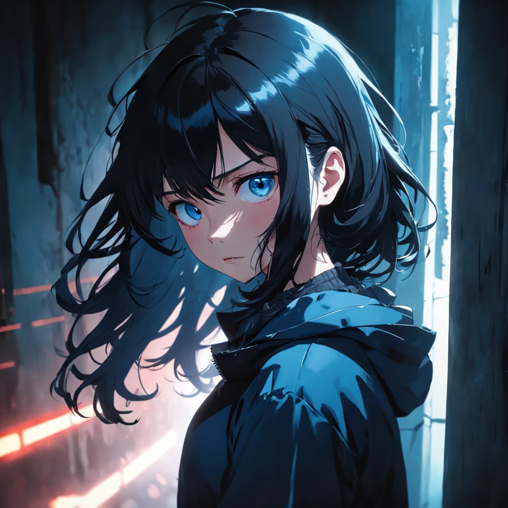 A black-haired and blue-eyed girl shivering in a corner, high-definition picture quality, Thriller style, Dim lighting, Light and shadow that reveal a sense of mystery, blur backgroun, The shooting angle is similar to looking down and looking up, Heartbeat, An atmosphere of fear