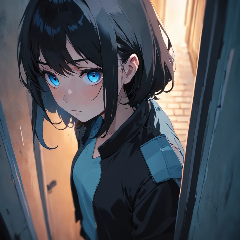 A black-haired and blue-eyed girl shivering in a corner, high-definition picture quality, Thriller style, Dim lighting, Light and shadow that reveal a sense of mystery, blur backgroun, The shooting angle is similar to looking down and looking up, Heartbeat, An atmosphere of fear