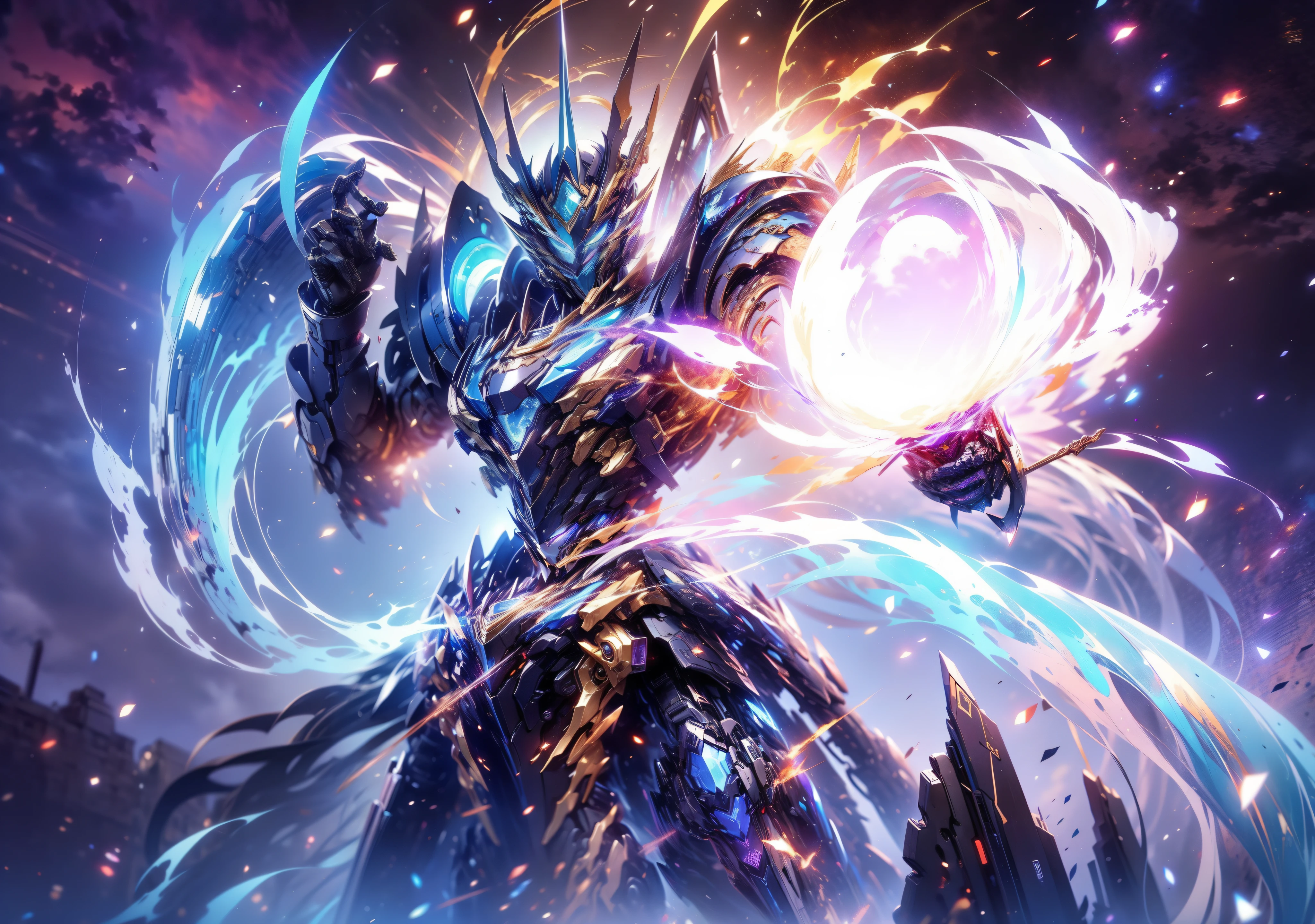 super wide shot, Close-up of the frontal photo itself,Mecha male warrior close-up，Future warrior style《Mech color: The main color is purple，blue colors》，（《Refer to the Chinese Qin Emperor Sword》，Hold the Qin Huang sword in his hand，The sword itself glows blue），Keqing from Genshin Impact, (Masterpiece) ， The best quality， High quality，电影灯光， （Exquisite future）， Beautiful and beautiful， Ultra detailed， great composition， Floating， Depth of field， （Very detailed CG，Unity 8k壁纸）， （Beautiful detail background）， dramatic lights， GOGETTA， Mecha，best qualtiy，Ultra-high 8K Ultra HD，digital SLR camera，high qulity，Film particle resolution，