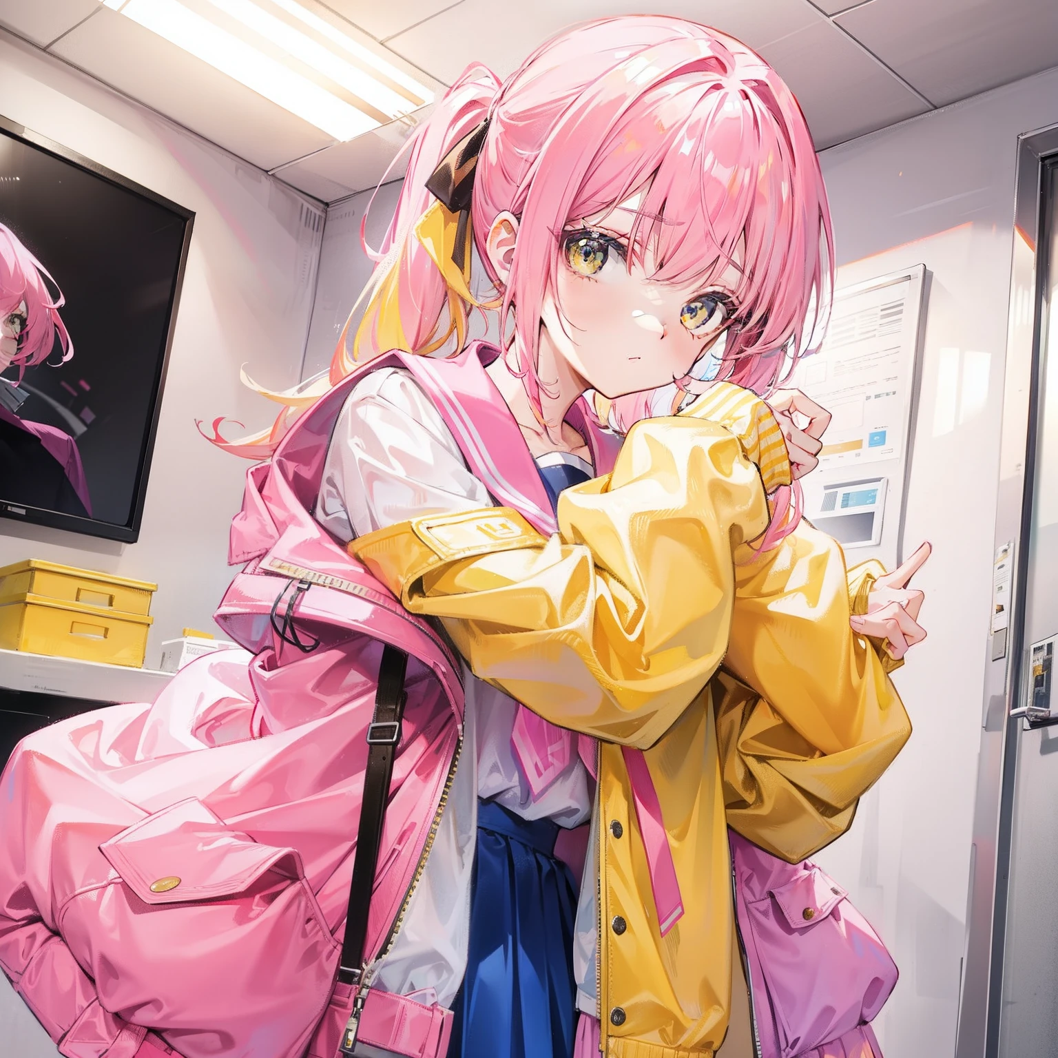 Pink yellow hair，high ponytails，Yellow pink jacket school uniform，Tall and sweet girl