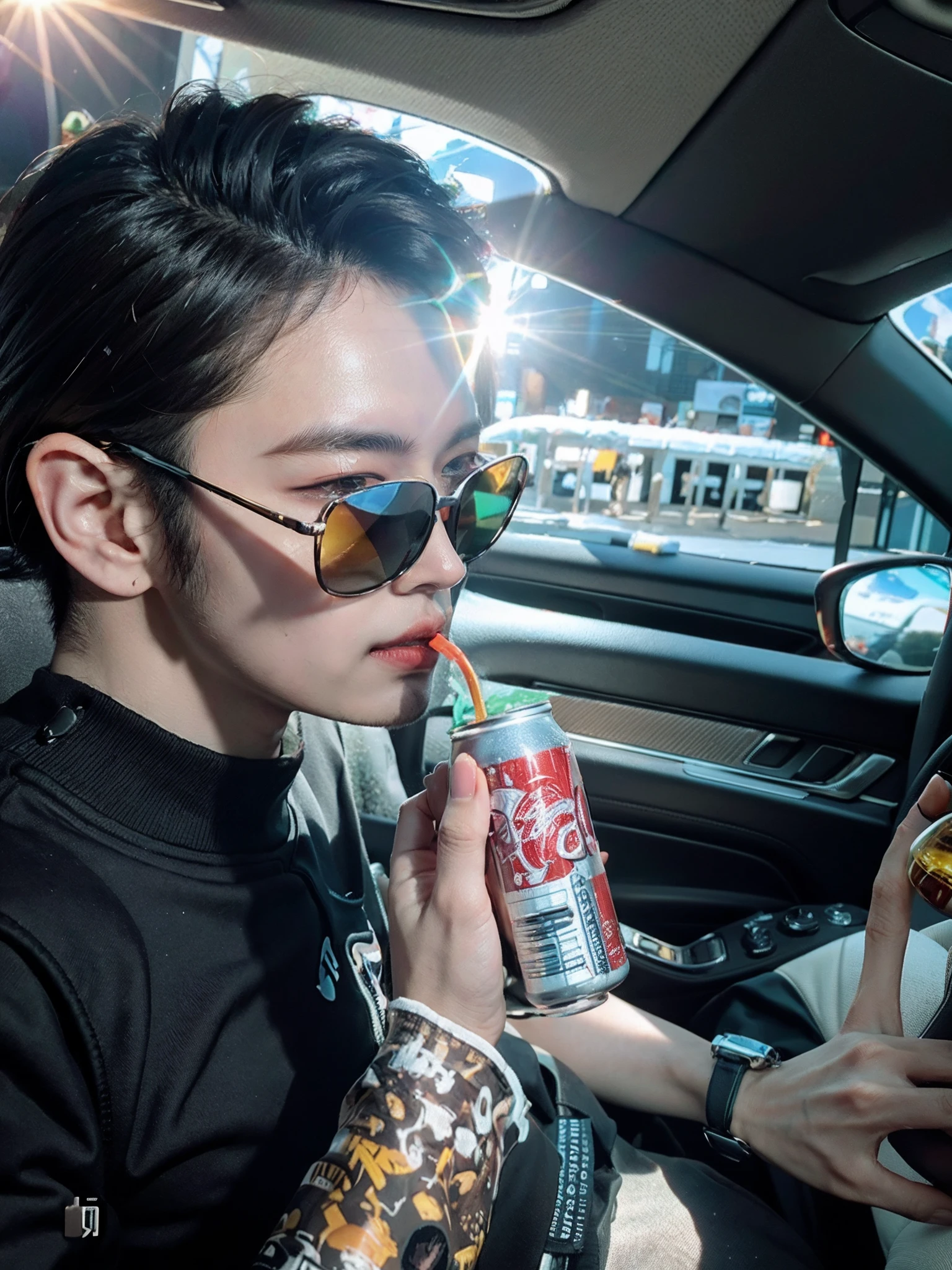 Boy in sunglasses drinking a can of soda while driving, justin sun, drink, holding a can of beer, yanjun cheng, getting his tacos and drink), holding a drink, Cai Xukun, xintong chen, gleaming in the sunlight, drinking a drink, with octane, shot with iphone 1 0, shot on nikon z9, wenjun lin