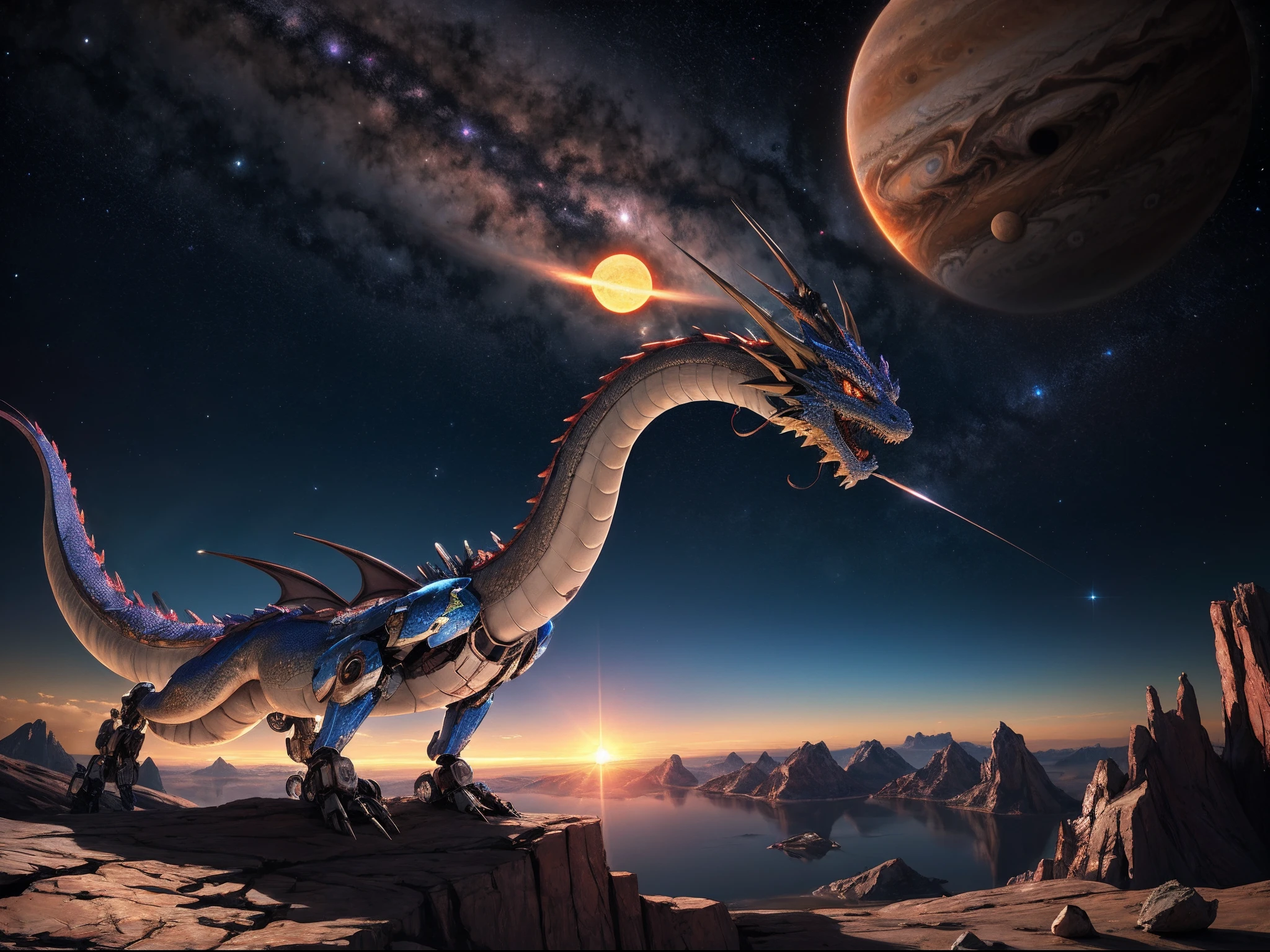 Realistic, (Solo, Metal dragon, Mecha dragon), waist shot, Cinematic Angle BREAK [Infinite Universe:0.3 Black Hole:0.7], Sun, Jupiter, Venus, Mercury, Earth, Pluto, Saturn, very wide shot, scenery,detailed background,amazing detailed,