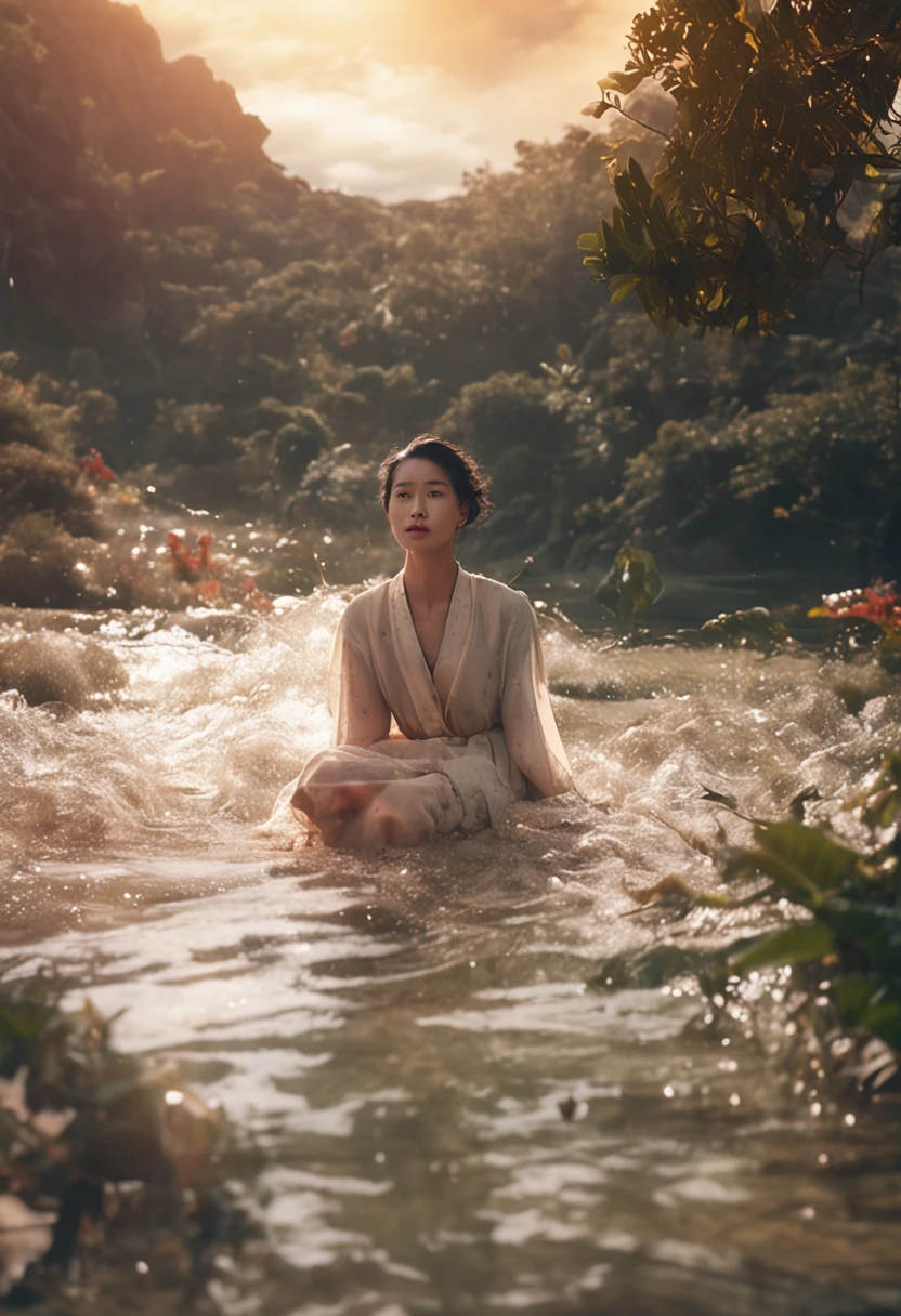 No clothes、​masterpiece、top-quality、Movie stills、1girl in、Cloud Girl、floating in sky、a closeup、发光、Happiness、Warm and soft lighting、the setting sun、(Spark:0.7)、clear