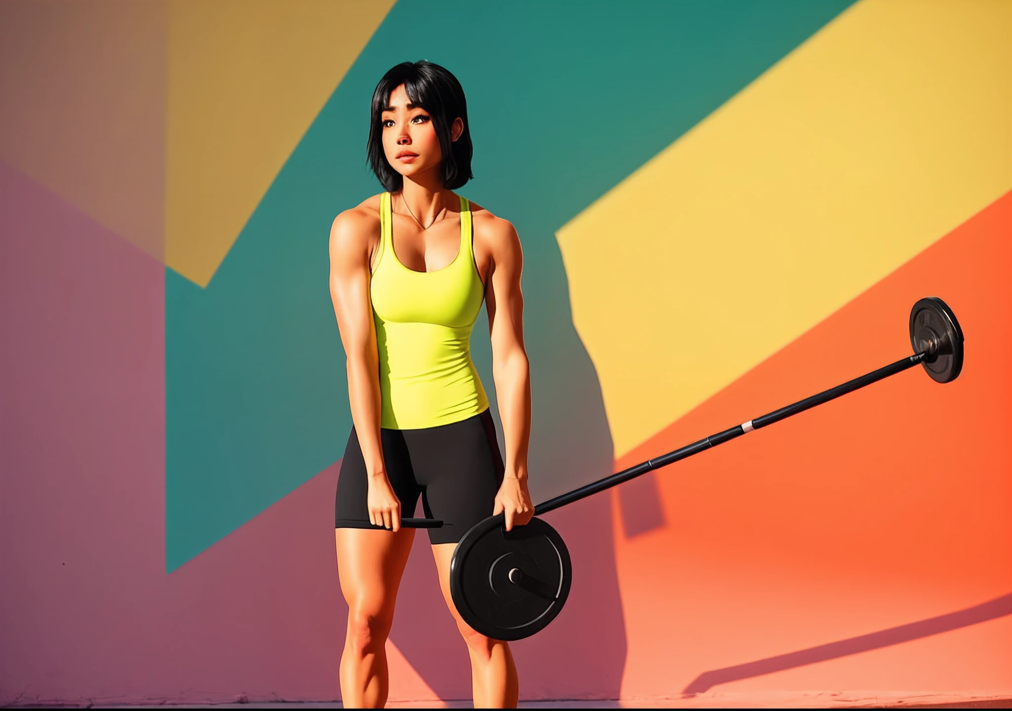 a fitness girl，Back Shadow，Carry a barbell，camisole，black color hair，k hd，cinematic ligh，