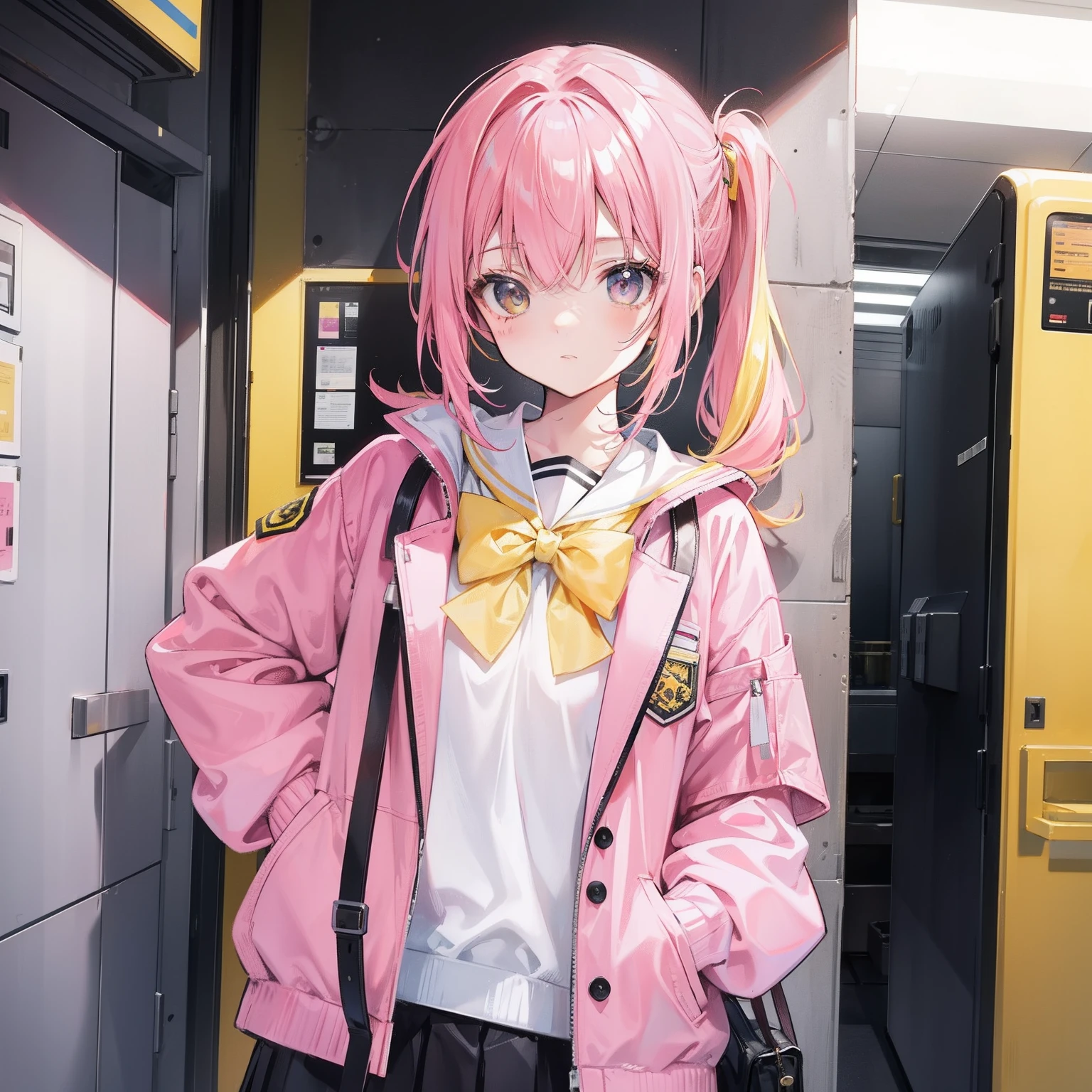 Pink yellow hair，high ponytails，Yellow pink jacket school uniform，Tall and sweet girl