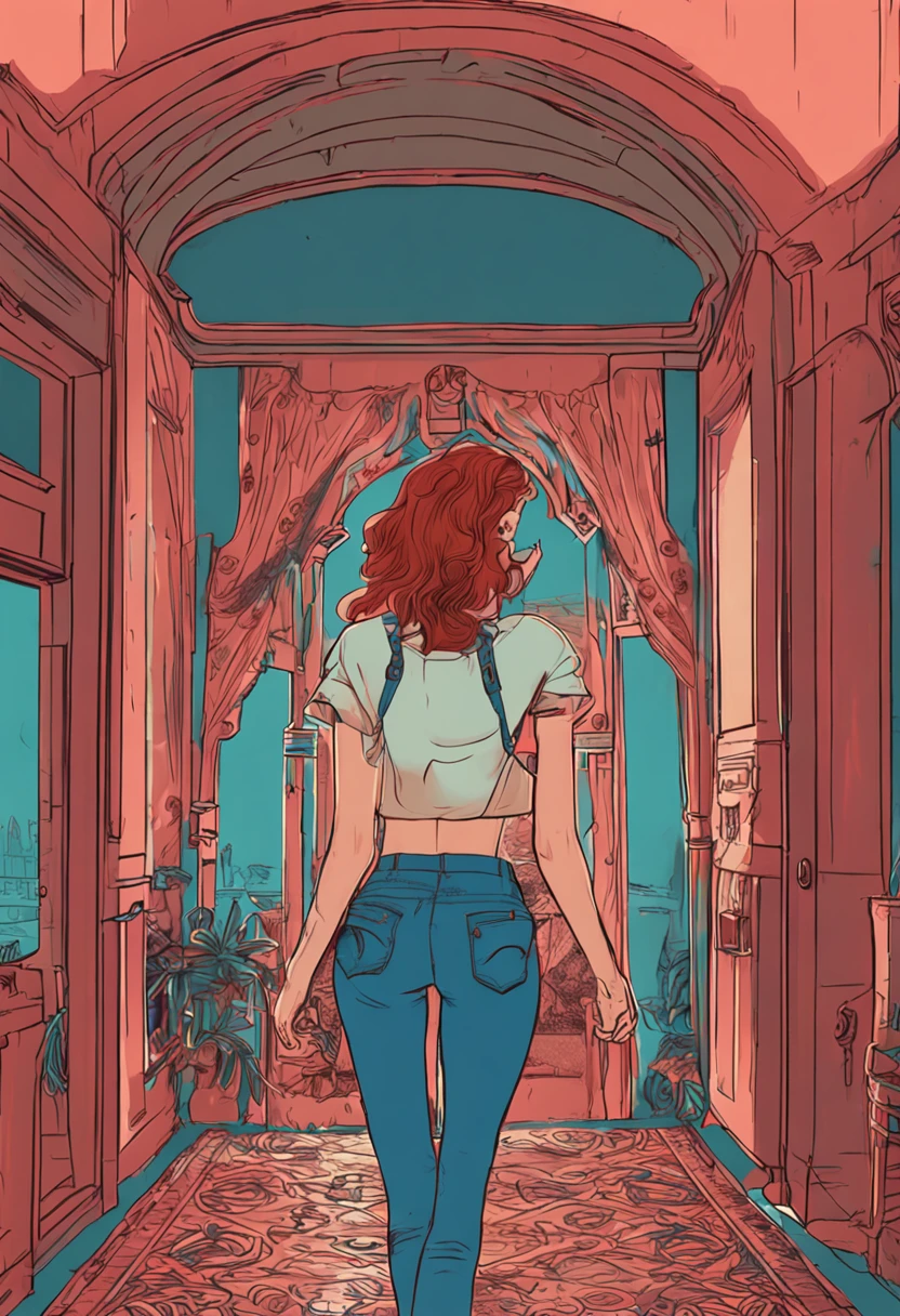 hot 18 year old girl, with pigtails, red hair, busty, nice round butt, skinny, short, light blue bra, blue jeans, in her large bedroom, sexy legs. Showing her butt