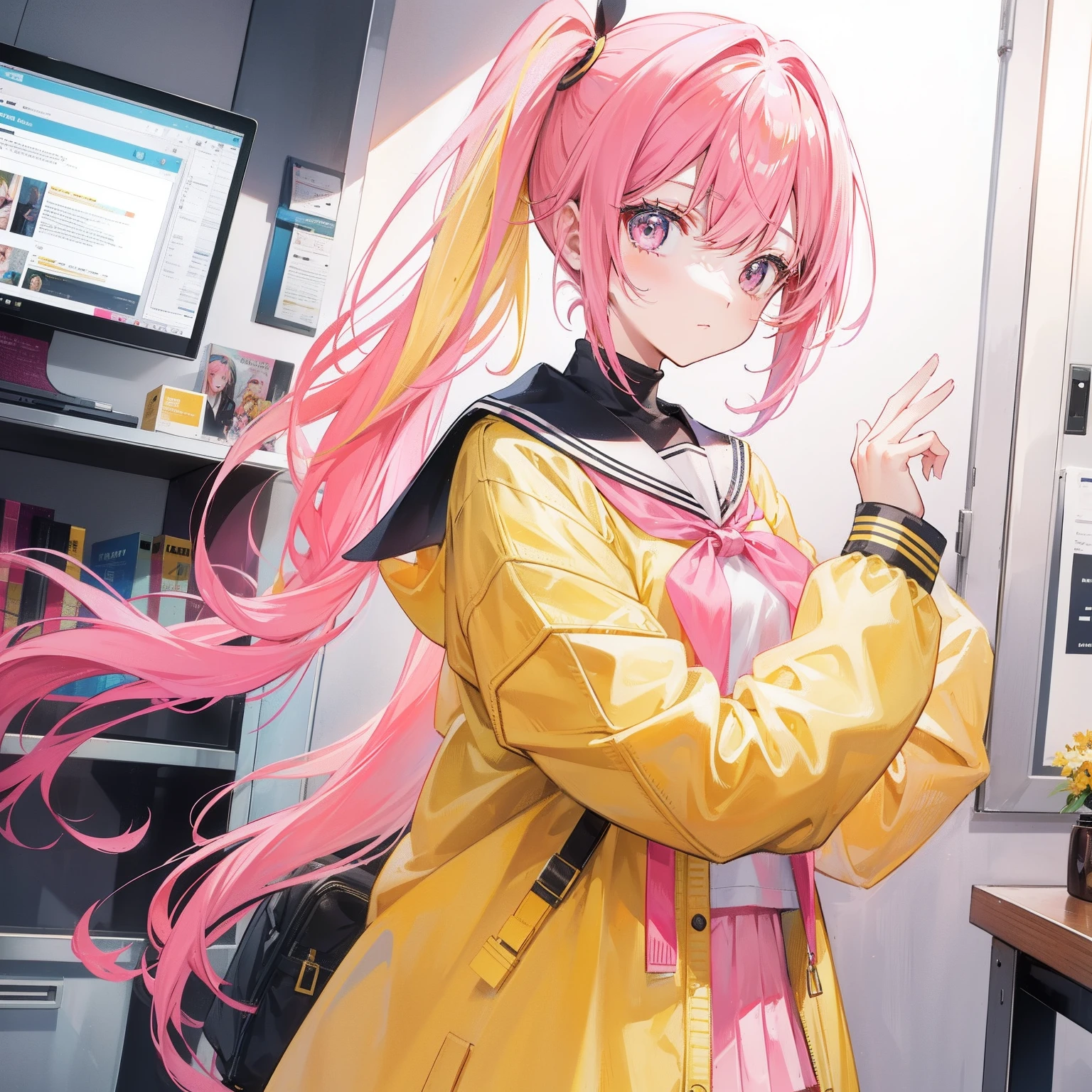 Pink yellow hair,high ponytails,Yellow pink jacket school uniform,Tall and sweet girl