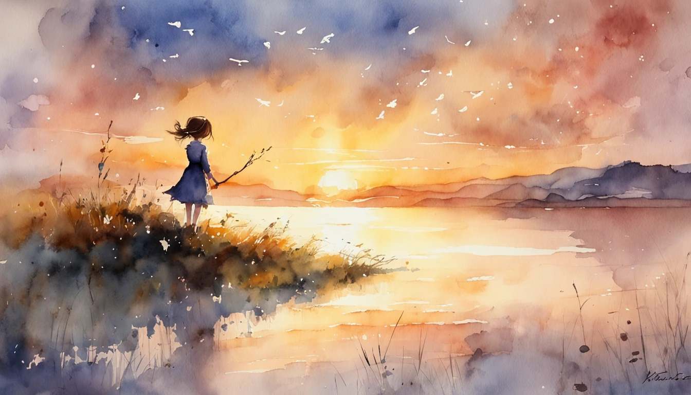 masterpiece, best quality, movie still, 1girl, cloud girl, floating in the sky, close-up, bright, happy, warm soft lighting, sunset, (sparks:0.7)