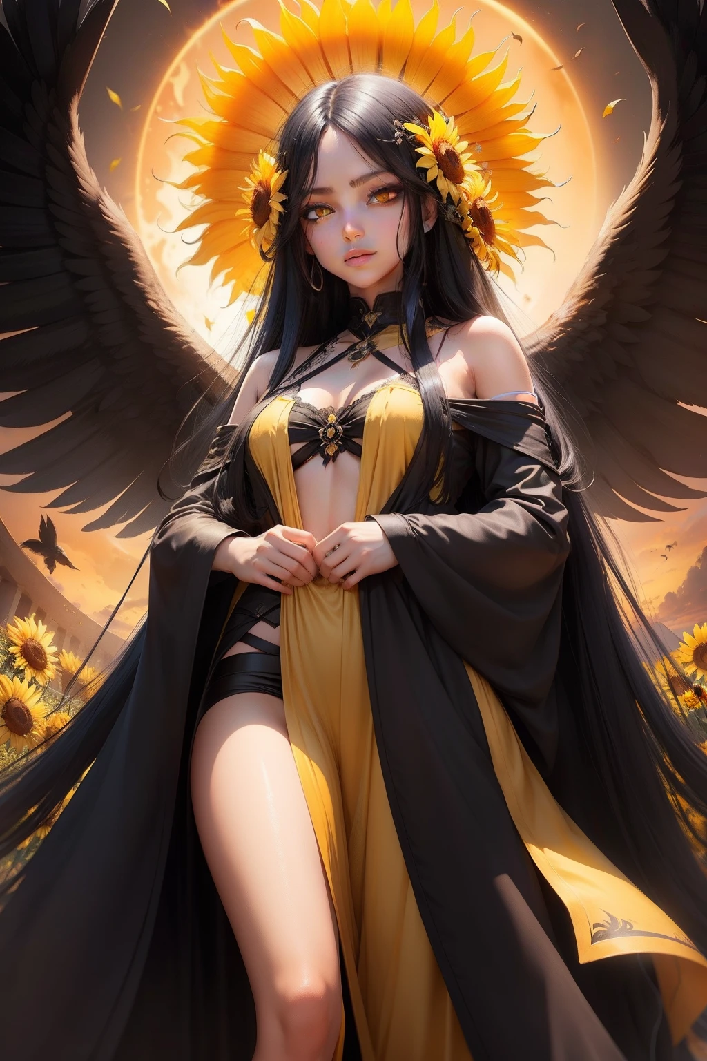 Long black hair bewitching Yellow eyes Sun flower