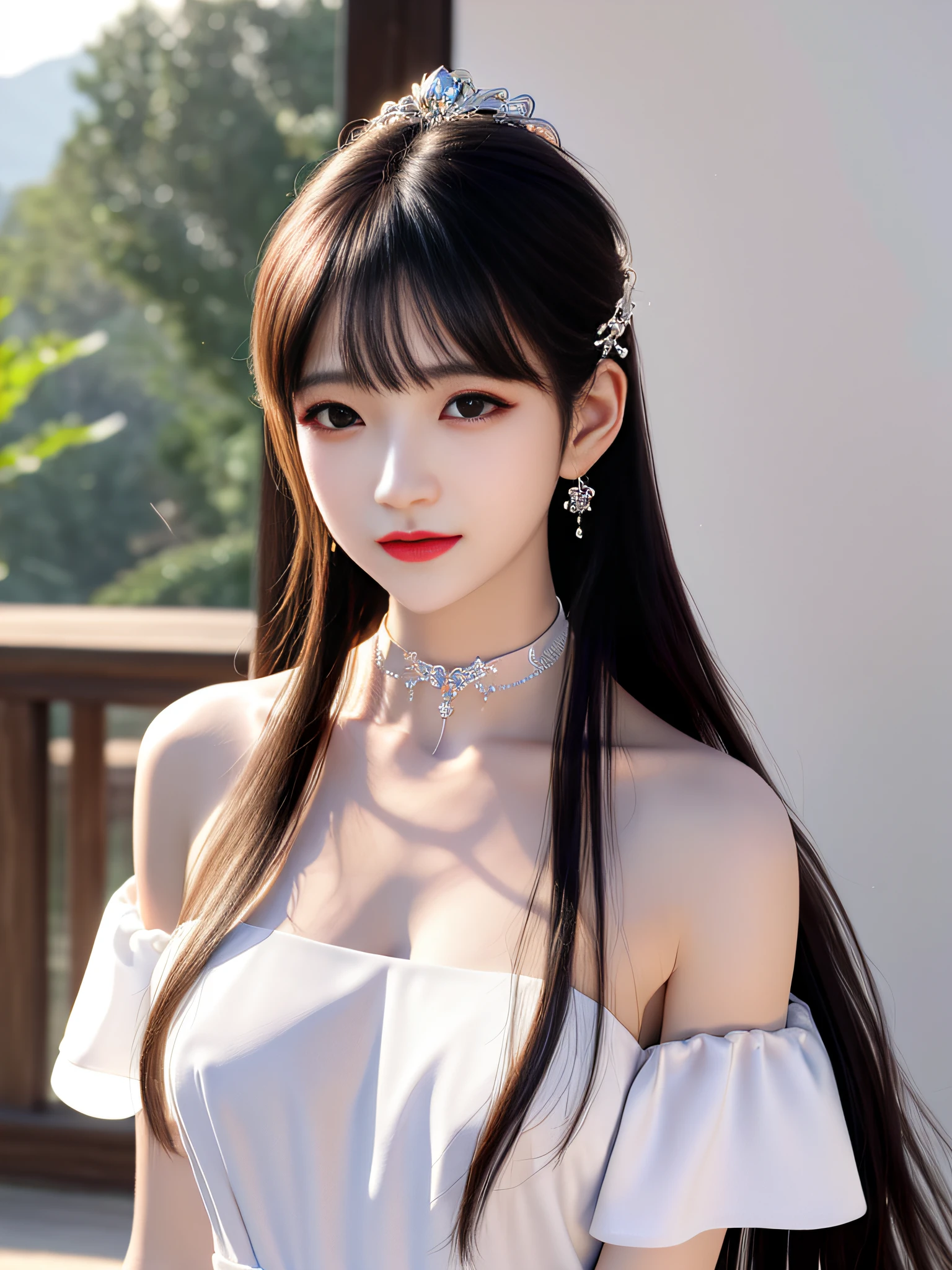 Best quality、tmasterpiece、A high resolution、1girll、perfect body figure ：1.4，Delicate collarbones，beautiful make up，Exquisite and perfect facial features，white dresses、Bandeau dress、Sheer silk porcelain dress、(middlebreast:1.1)、hair adornments、looking at viewert、ssmile、二重まぶた、Shut your mouth、cparted lips、shift dresses、choker necklace、jewely、Long flowing hair、耳Nipple Ring、pretty  face、On the body、Tindal effect、hentail realism、Tyndall effect,Photorealistic, rim lit, twotonelighting,edge lit，（highdetailskin：1.2）、8K  UHD、Digital SLR、high high quality，Volumetriclighting，Digital SLR camera high quality wallpaper、A high resolution