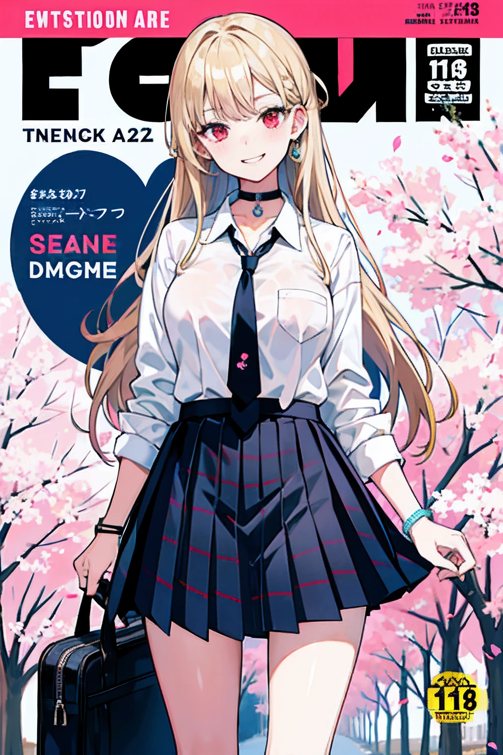 masterpiece, best quality, full body,
1girl, bangs, black choker, black necktie, blonde hair, blue skirt, blush, bracelet, breasts, choker, clothes around waist, collarbone, collared shirt, cowboy shot, dress shirt, ear piercing, eyebrows visible through hair, gradient hair, grin, gyaru, jewelry, kogal, long hair, looking at viewer, loose necktie, necktie, piercing, plaid, plaid skirt, pleated skirt, red eyes, ring, school uniform, shirt, skirt, smile, solo, white shirt,
street, sky, cherry blossoms, petals,illustration, (magazine:1.3), (cover-style:1.3), fashionable, woman, vibrant, outfit, posing, front, colorful, dynamic, background, elements, confident, expression, holding, statement, accessory, majestic, coiled, around, touch, scene, text, cover, bold, attention-grabbing, title, stylish, font, catchy, headline, larger, striking, modern, trendy, focus, fashion,