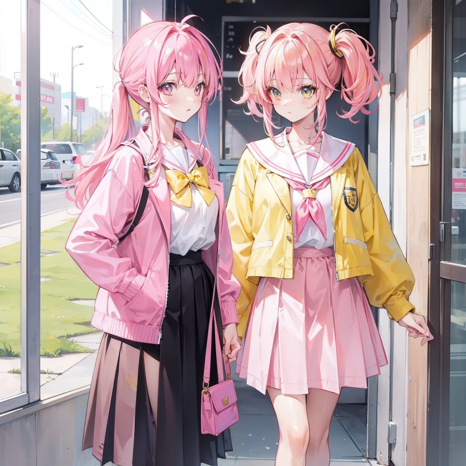 Pink yellow hair，high ponytails，Yellow pink jacket school uniform，Tall and sweet girl